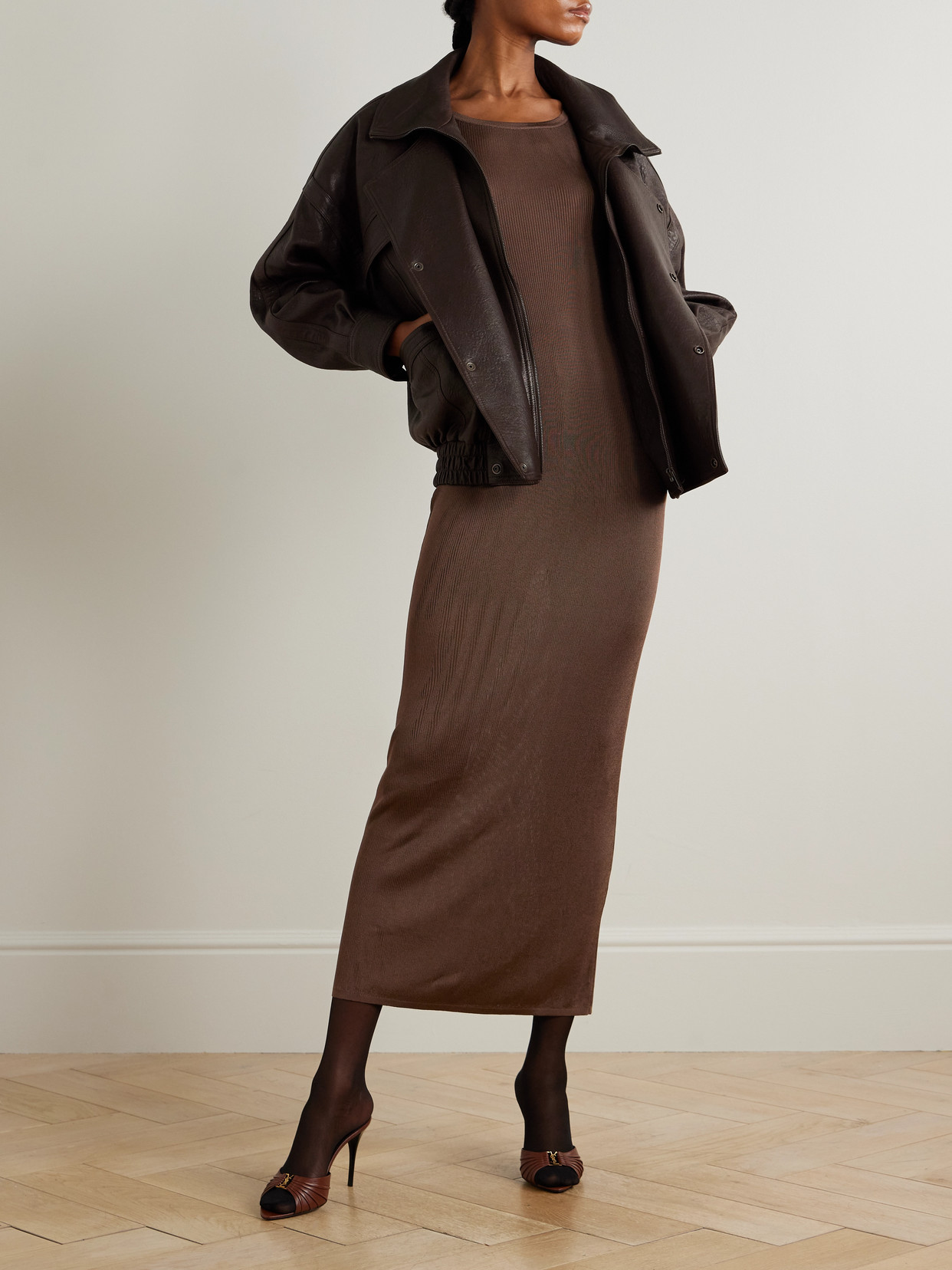 Saint Laurent Sleeveless Scoop Neck Ribbed Maxi Dress In Brown