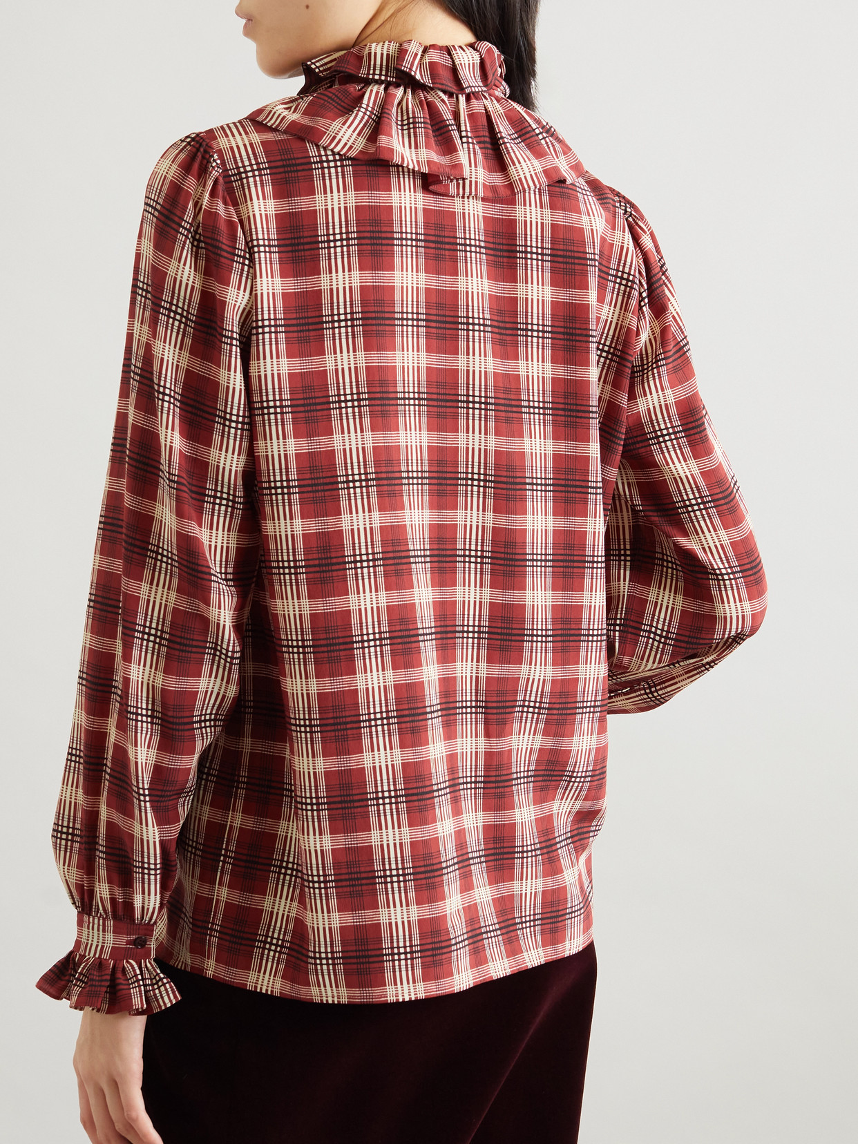 Saint Laurent Pussy-bow Ruched Checked Silk Blouse In Red