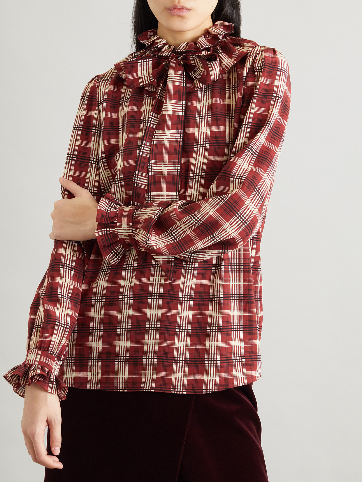 Saint Laurent Pussy-bow Ruched Checked Silk Blouse In Red