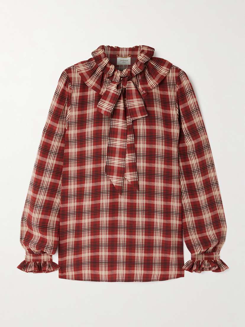 Saint Laurent Pussy-bow Ruched Checked Silk Blouse