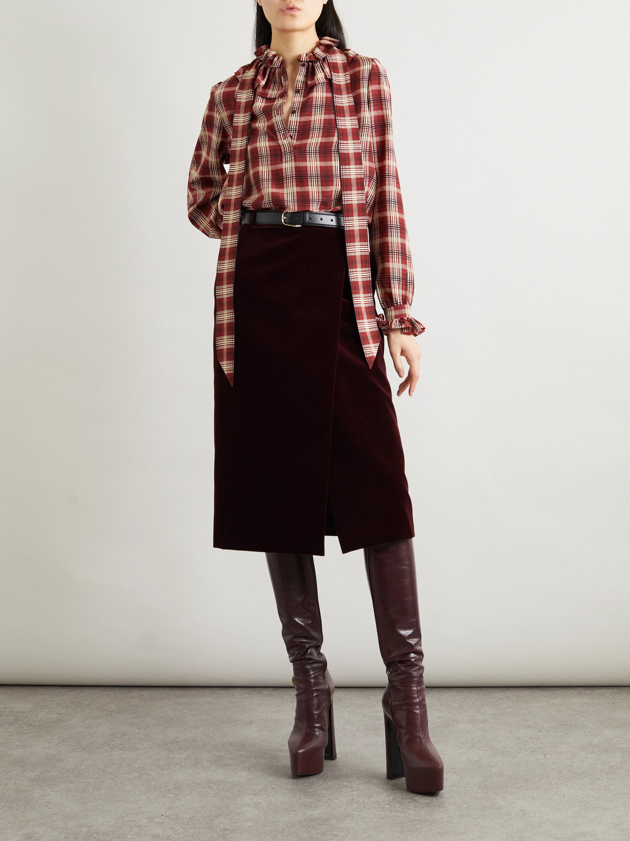 Saint Laurent Pussy-bow Ruched Checked Silk Blouse In Red
