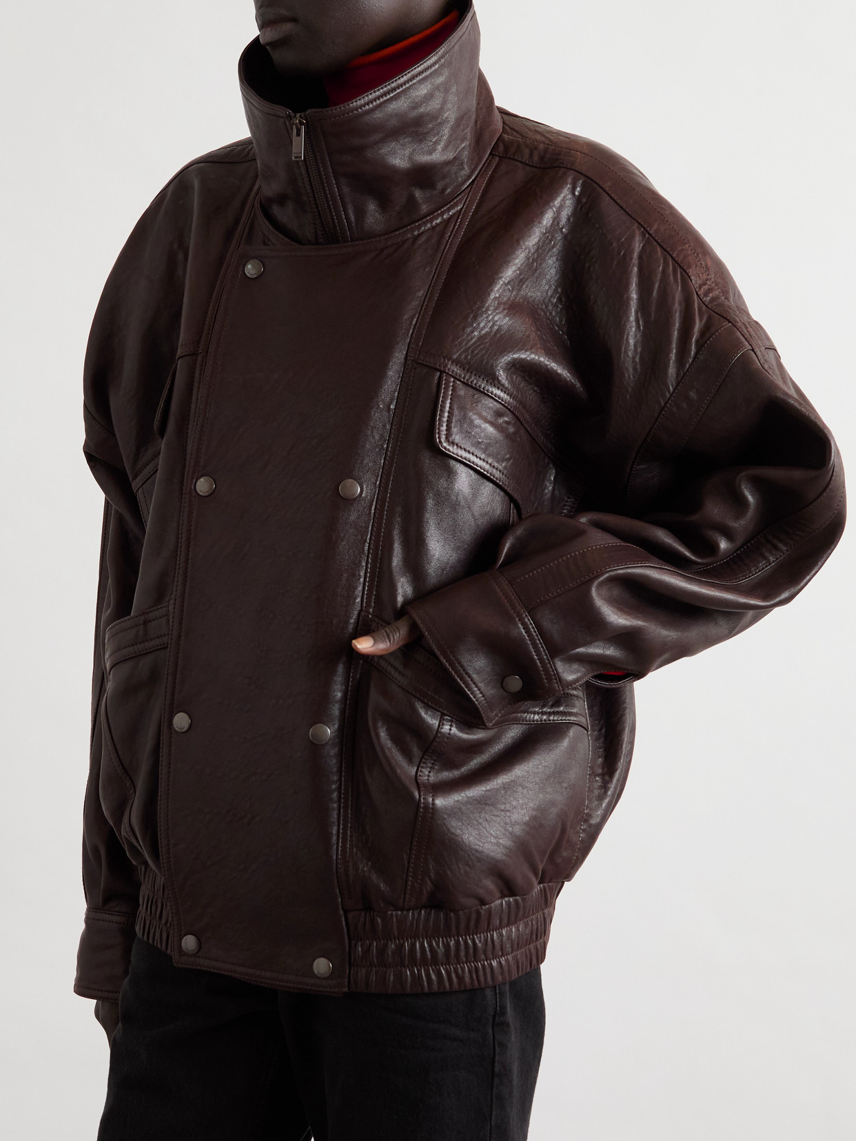 Saint Laurent Oversized Double-breasted Paneled Leather Jacket In Brown