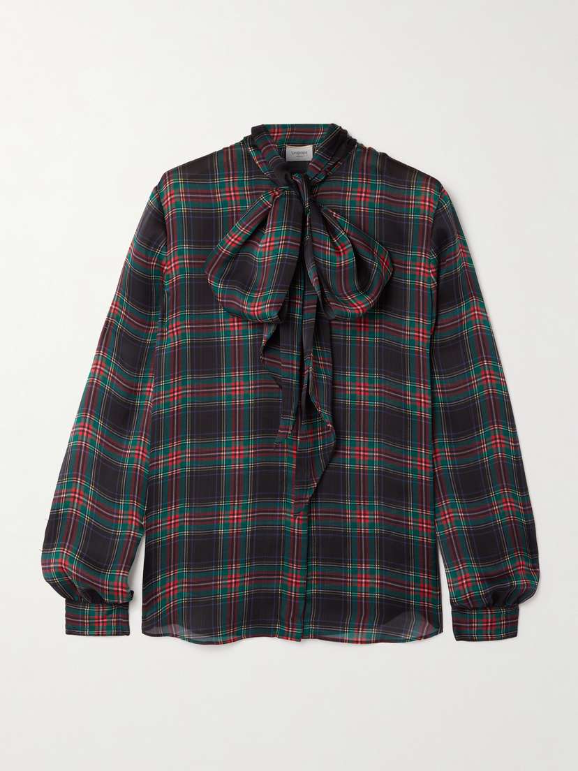 Saint Laurent Pussy-bow Checked Silk-chiffon Blouse
