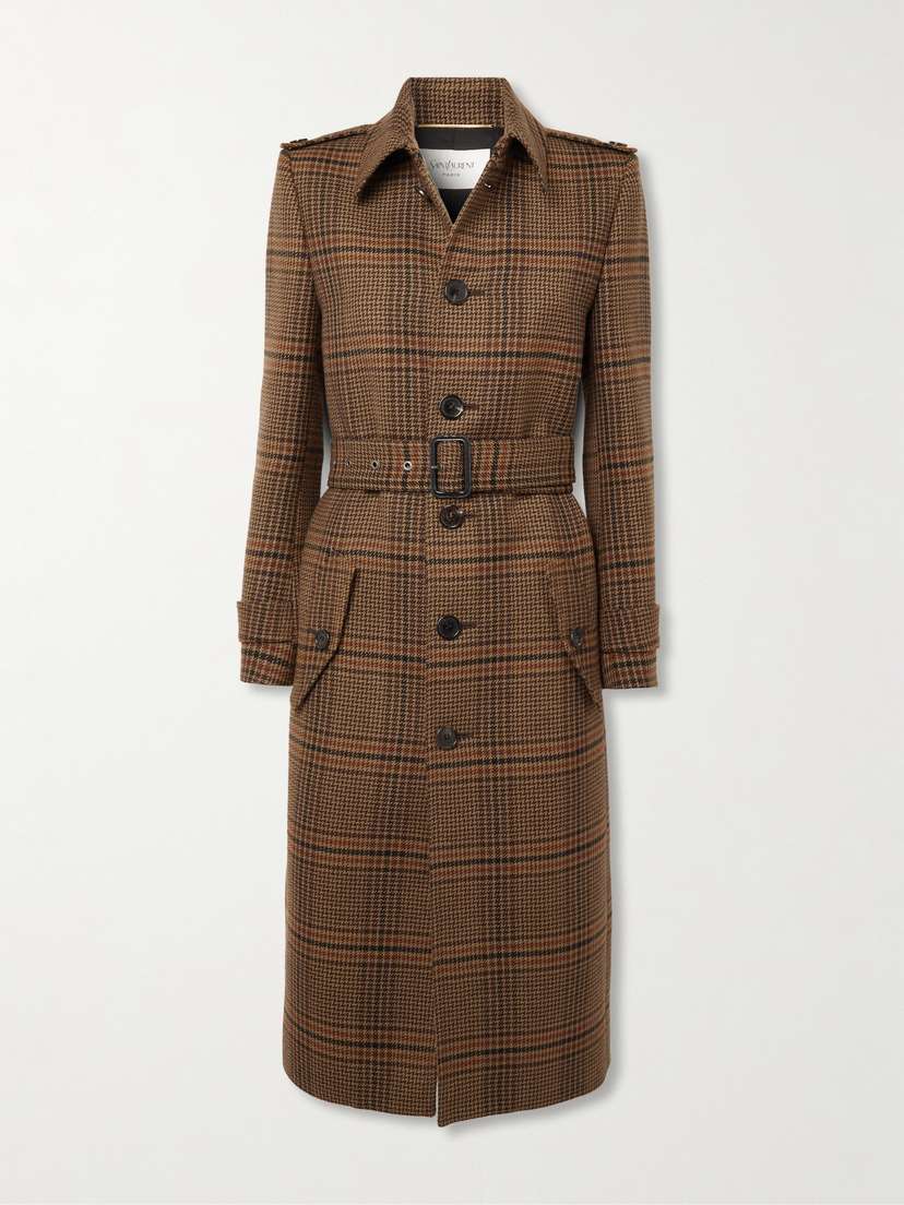 Saint Laurent Belted Checked Wool Trench Coat