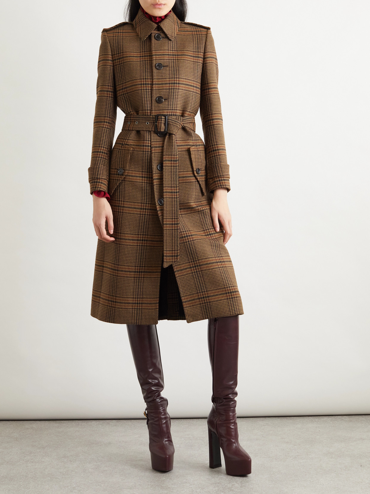 Saint Laurent Long Coat In Prince Of Wales Wool In Green