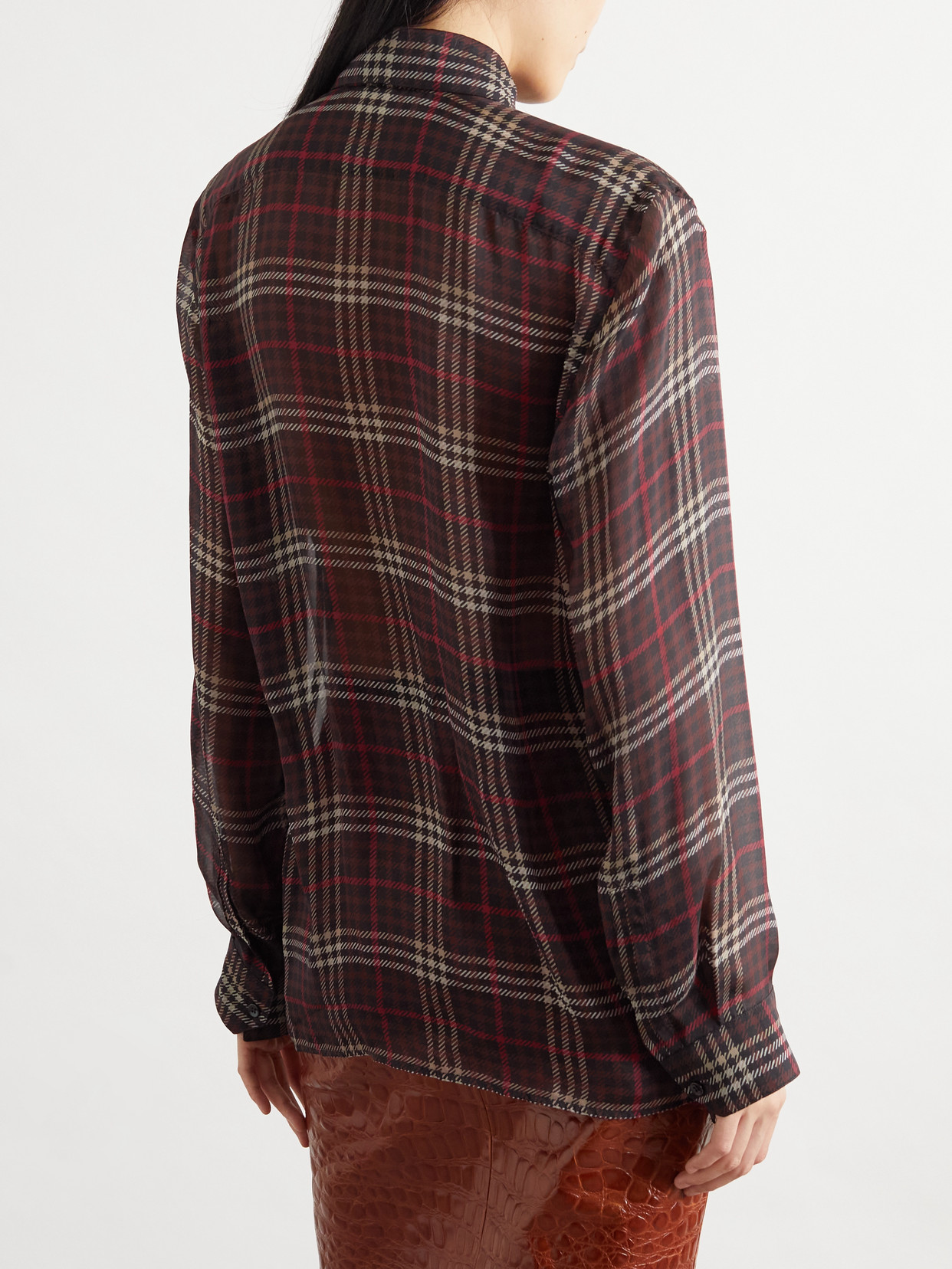 Saint Laurent Plaid Bow Detail Collared Neck Long Sleeves In Brown