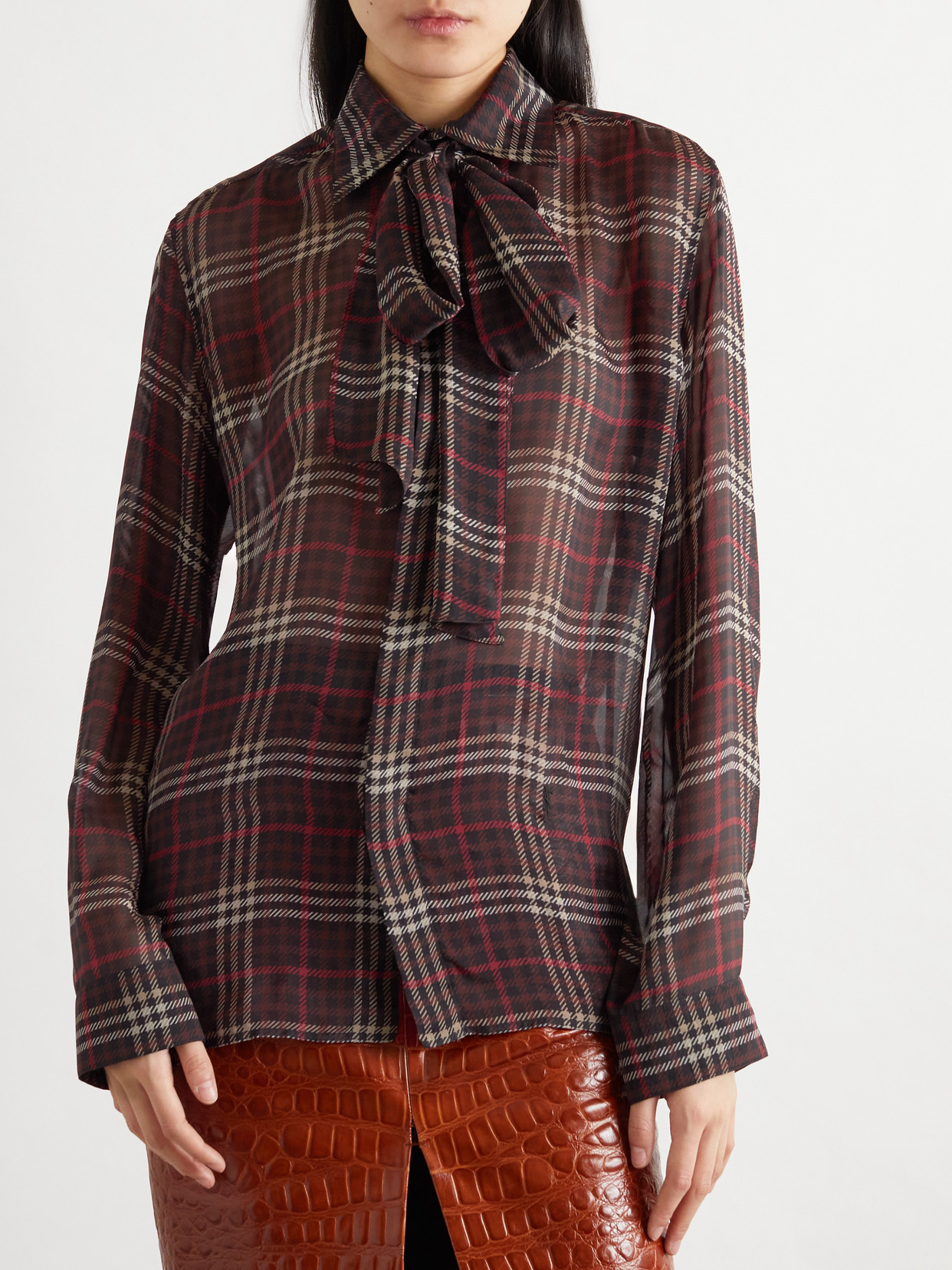Saint Laurent Plaid Bow Detail Collared Neck Long Sleeves In Brown