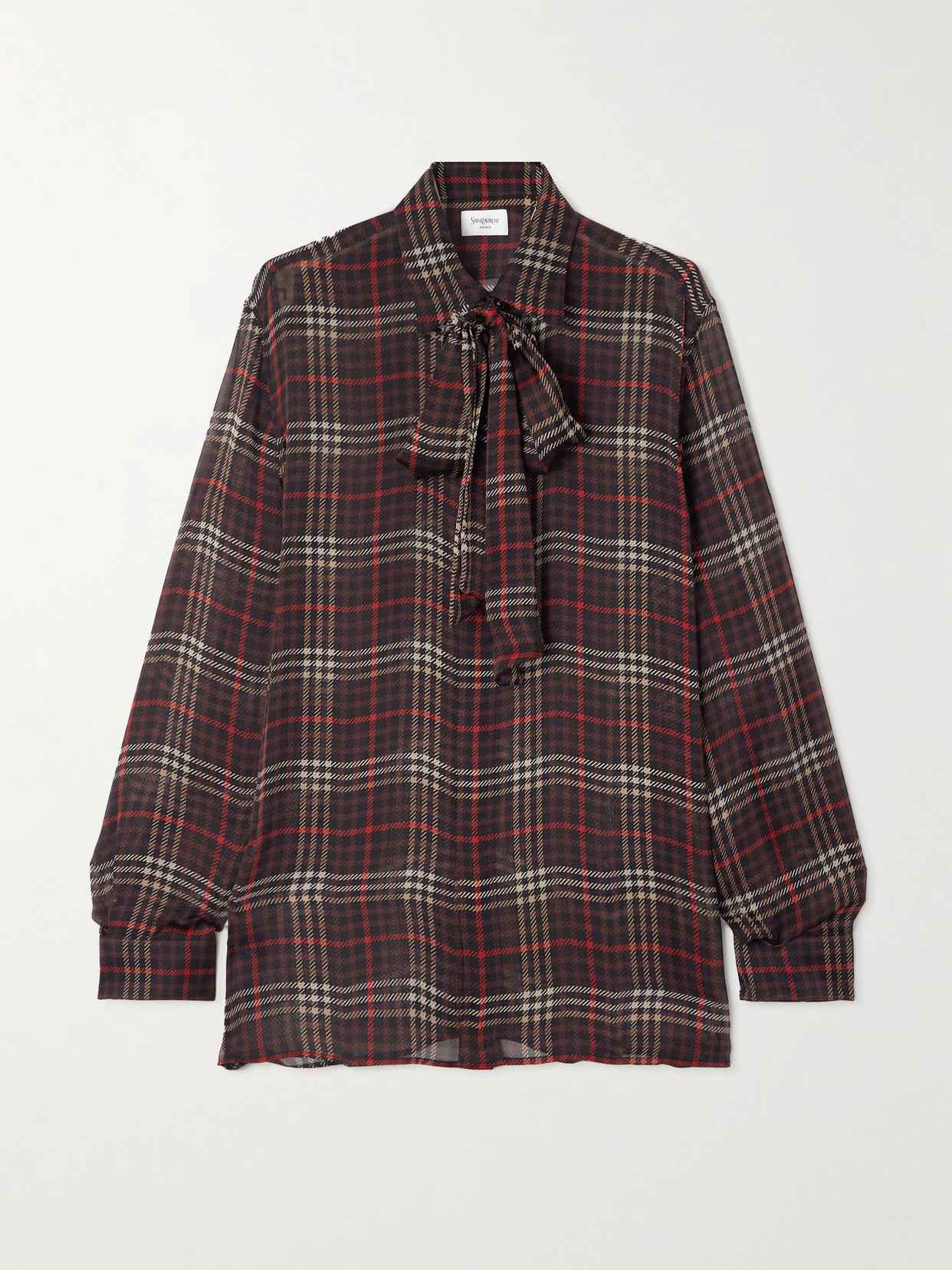 Saint Laurent Pussy-bow Checked Silk-chiffon Shirt In Brown