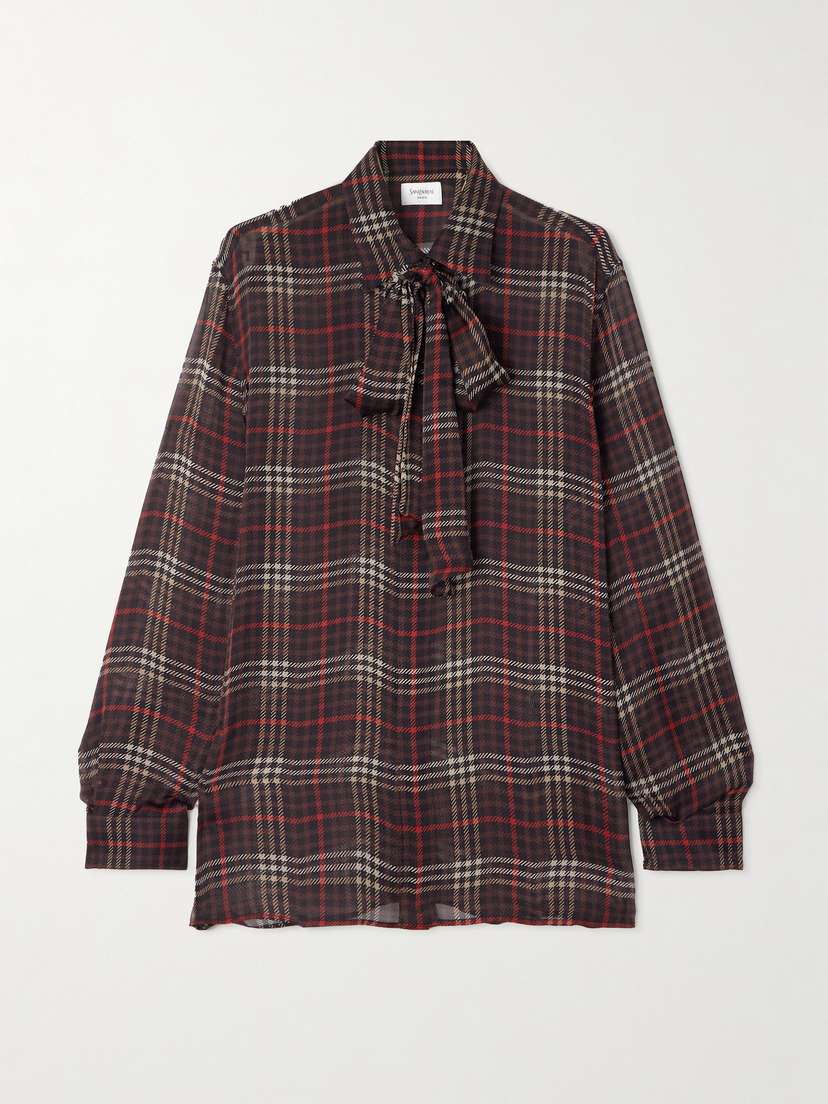 Saint Laurent Pussy-bow Checked Silk-chiffon Shirt