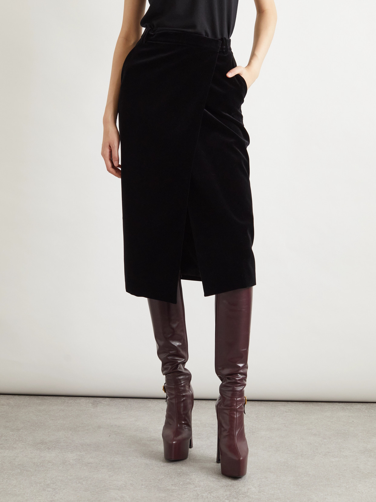 Saint Laurent Wrap-effect Cotton-velvet Midi Skirt In Black