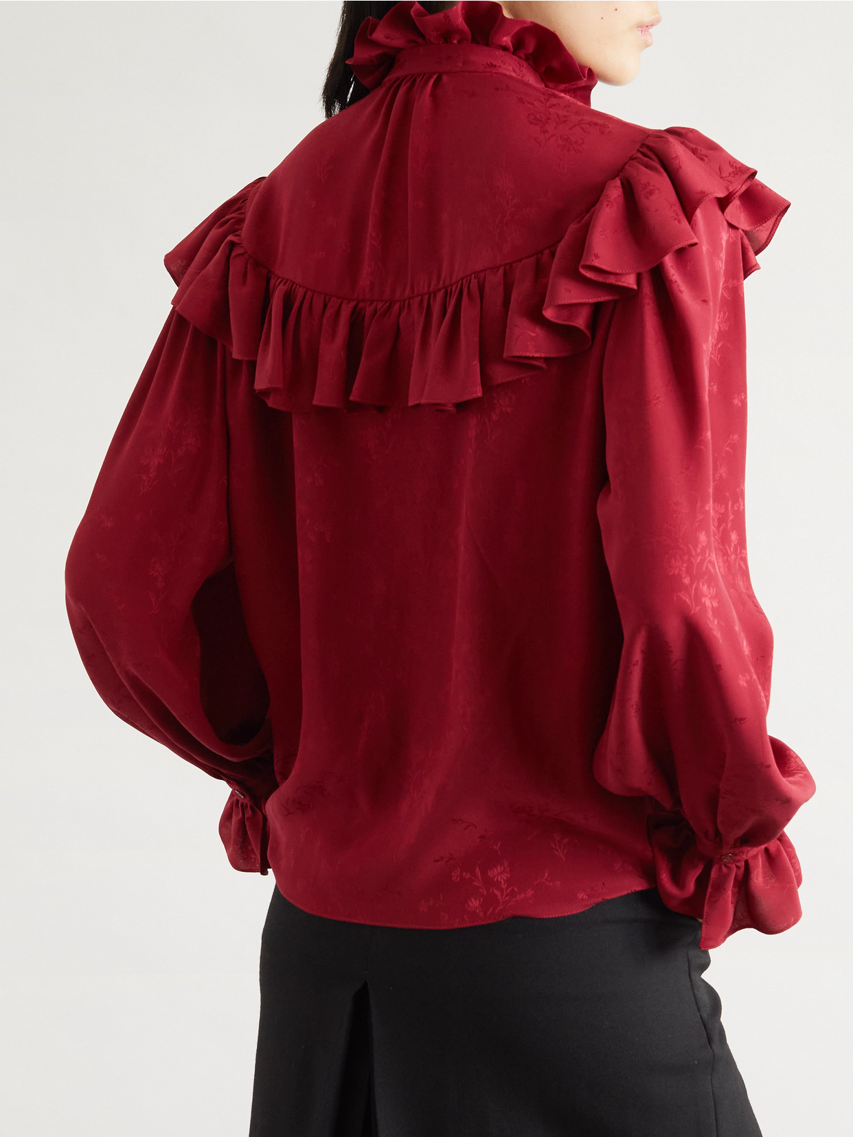 Saint Laurent Ruffled Floral Silk-jacquard Blouse In Red
