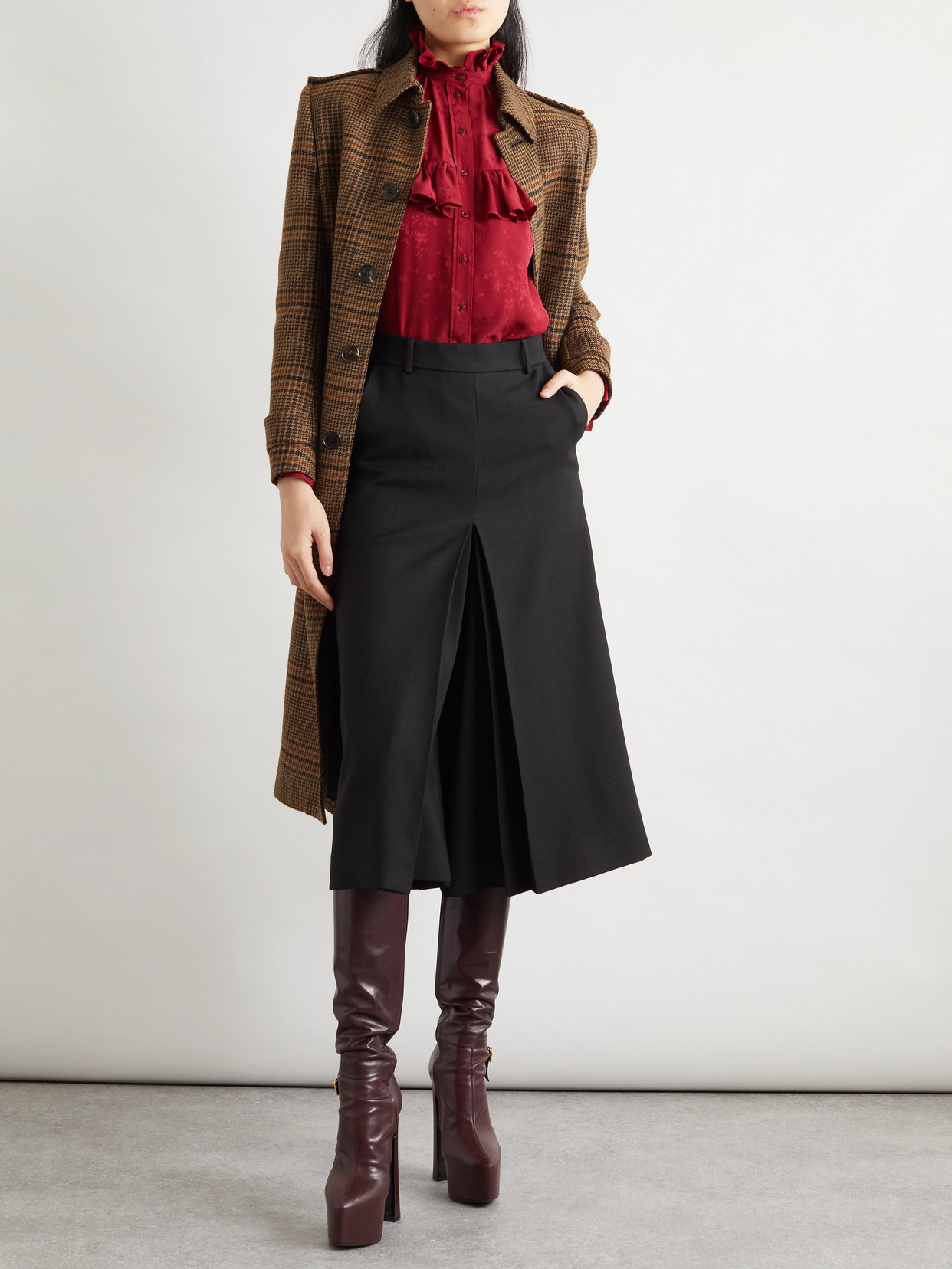 Saint Laurent Ruffled Floral Silk-jacquard Blouse In Red