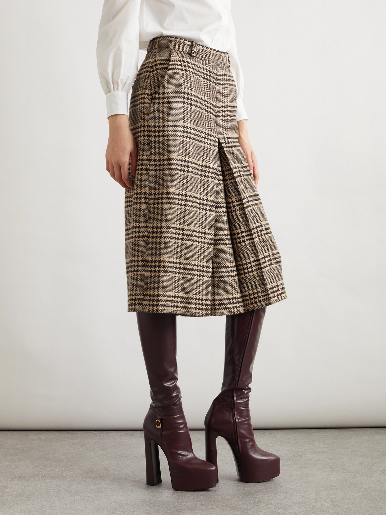 Saint Laurent Prince Of Wales Silk And Cashmere-blend Tweed Wide-leg Shorts