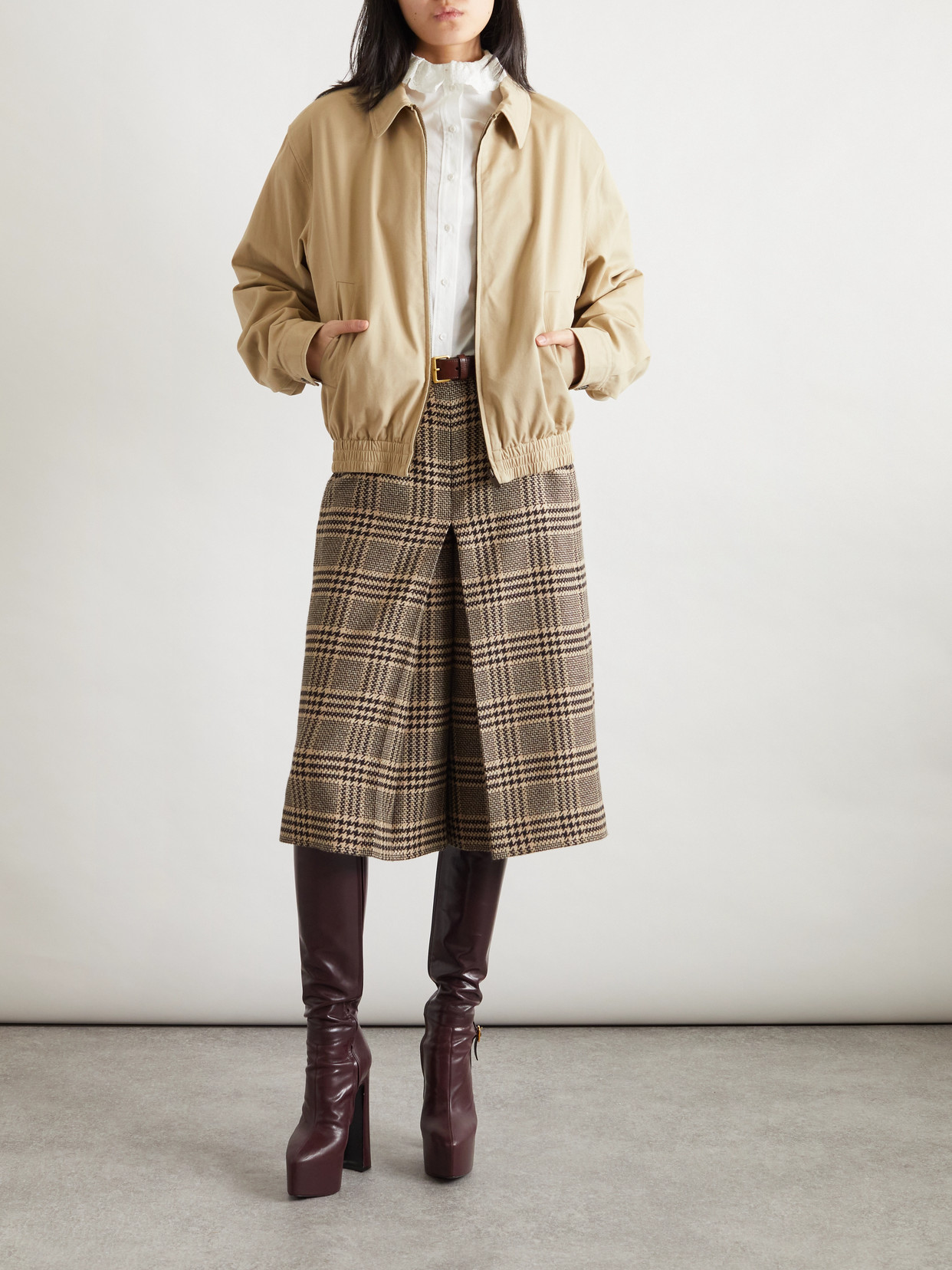Saint Laurent Prince Of Wales Silk And Cashmere-blend Tweed Wide-leg Shorts