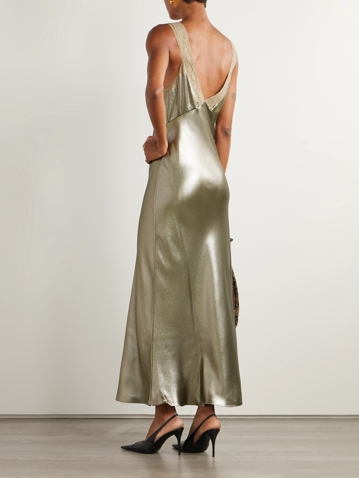 Saint Laurent Lace-trimmed Gathered Silk-charmeuse Maxi Dress In Green