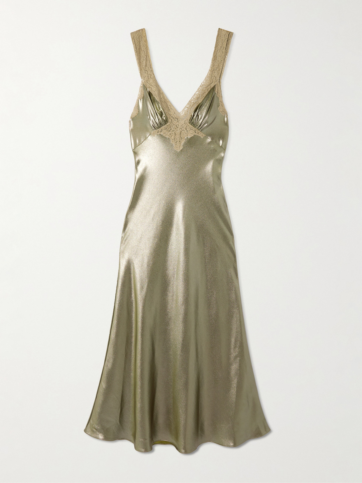 Saint Laurent Lace-trimmed Gathered Silk-charmeuse Maxi Dress In Green