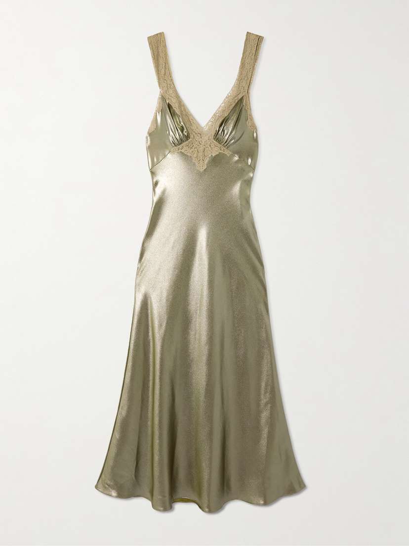 Saint Laurent Lace-trimmed Gathered Silk-charmeuse Maxi Dress