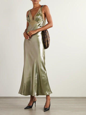 Saint Laurent Lace-trimmed gathered silk-charmeuse maxi dress