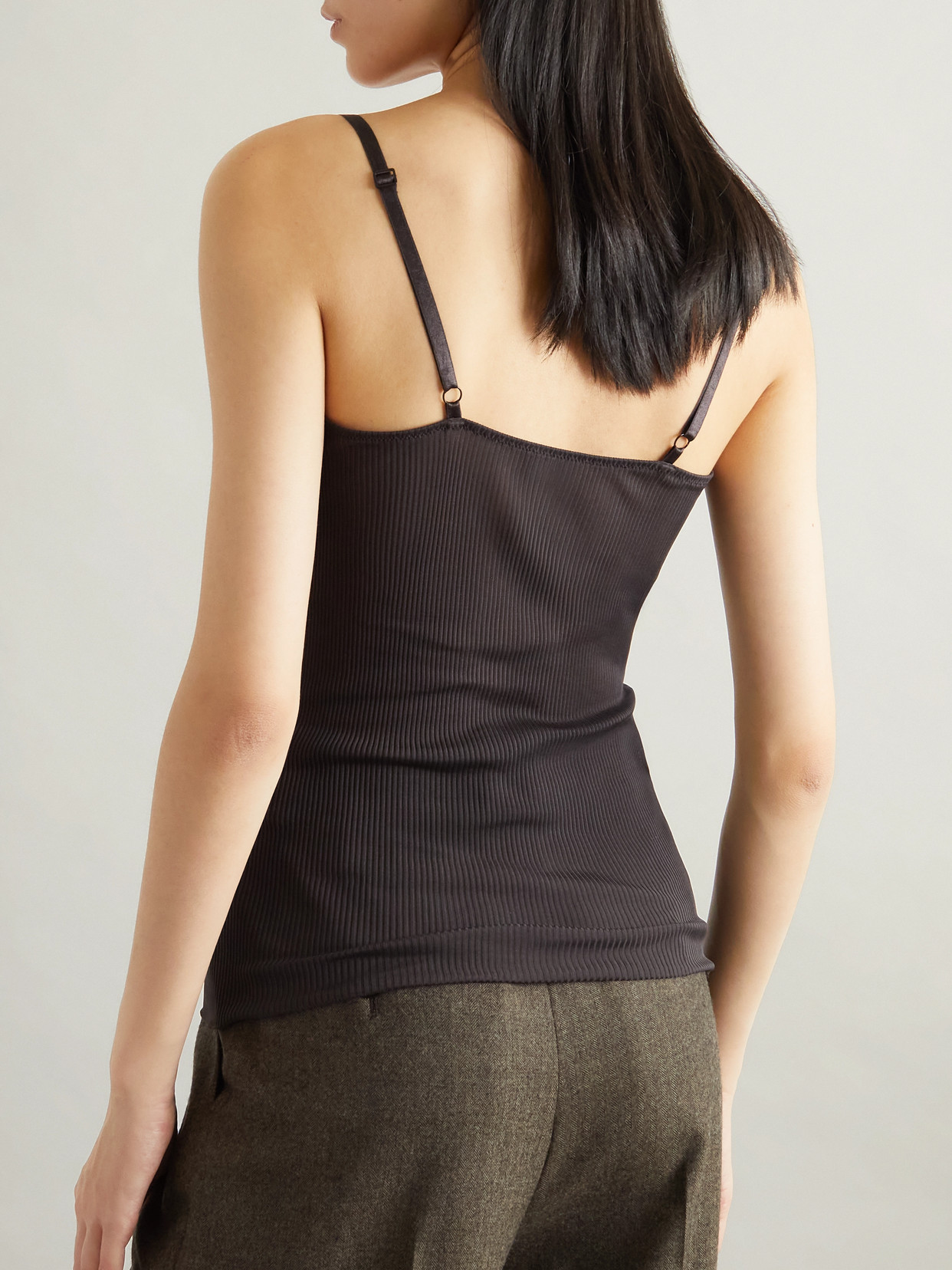 Saint Laurent Lace-trimmed Ribbed Silk-jersey Camisole In Black