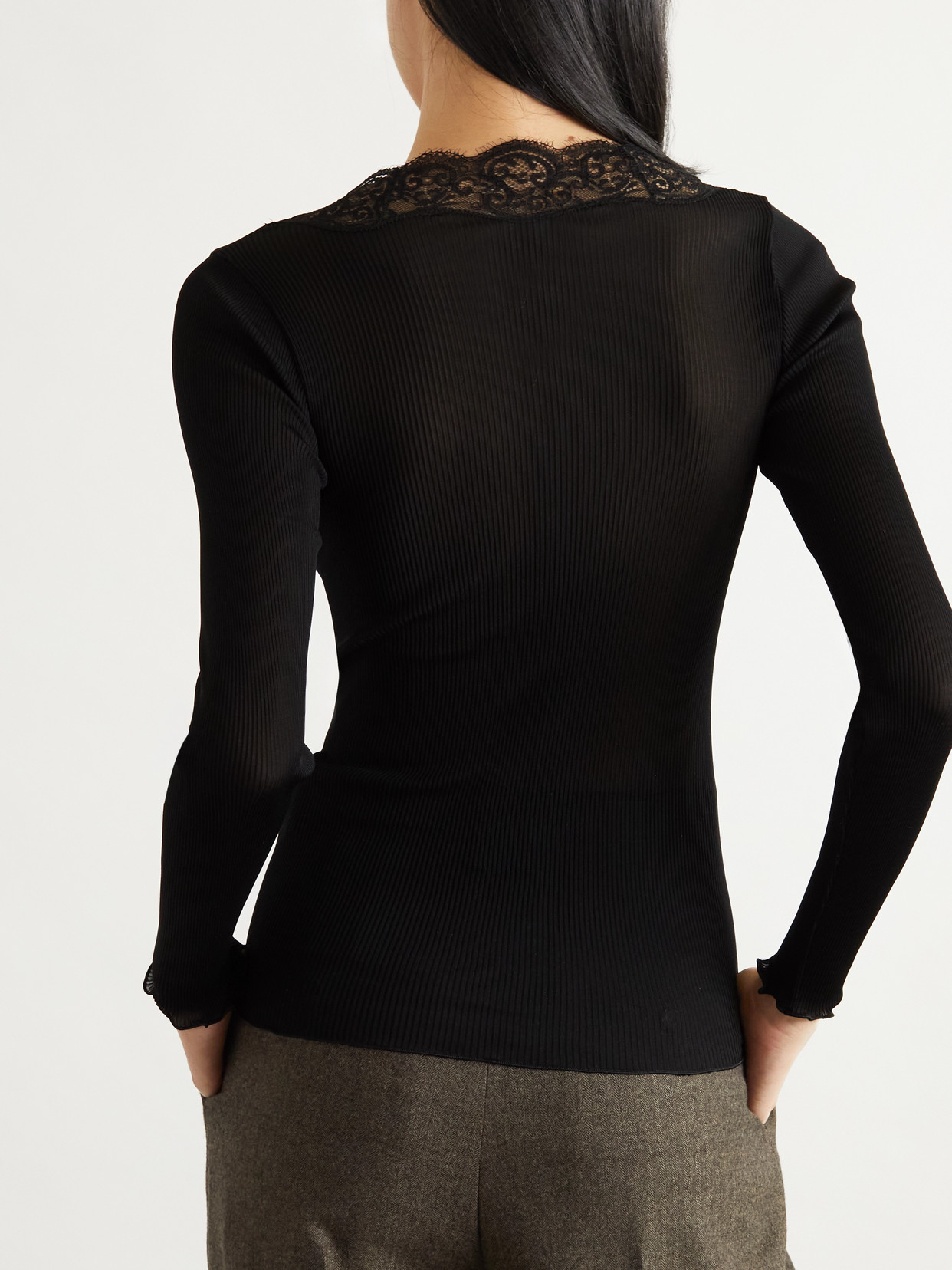 Saint Laurent Lace-trimmed Ribbed Silk-jersey Cardigan In Black