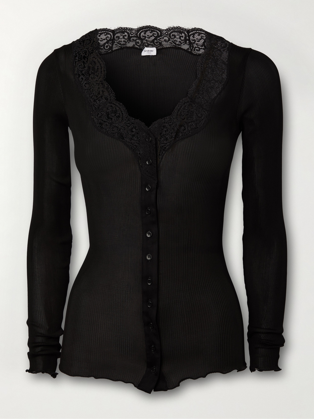 Saint Laurent Lace-trimmed Ribbed Silk-jersey Cardigan In Black