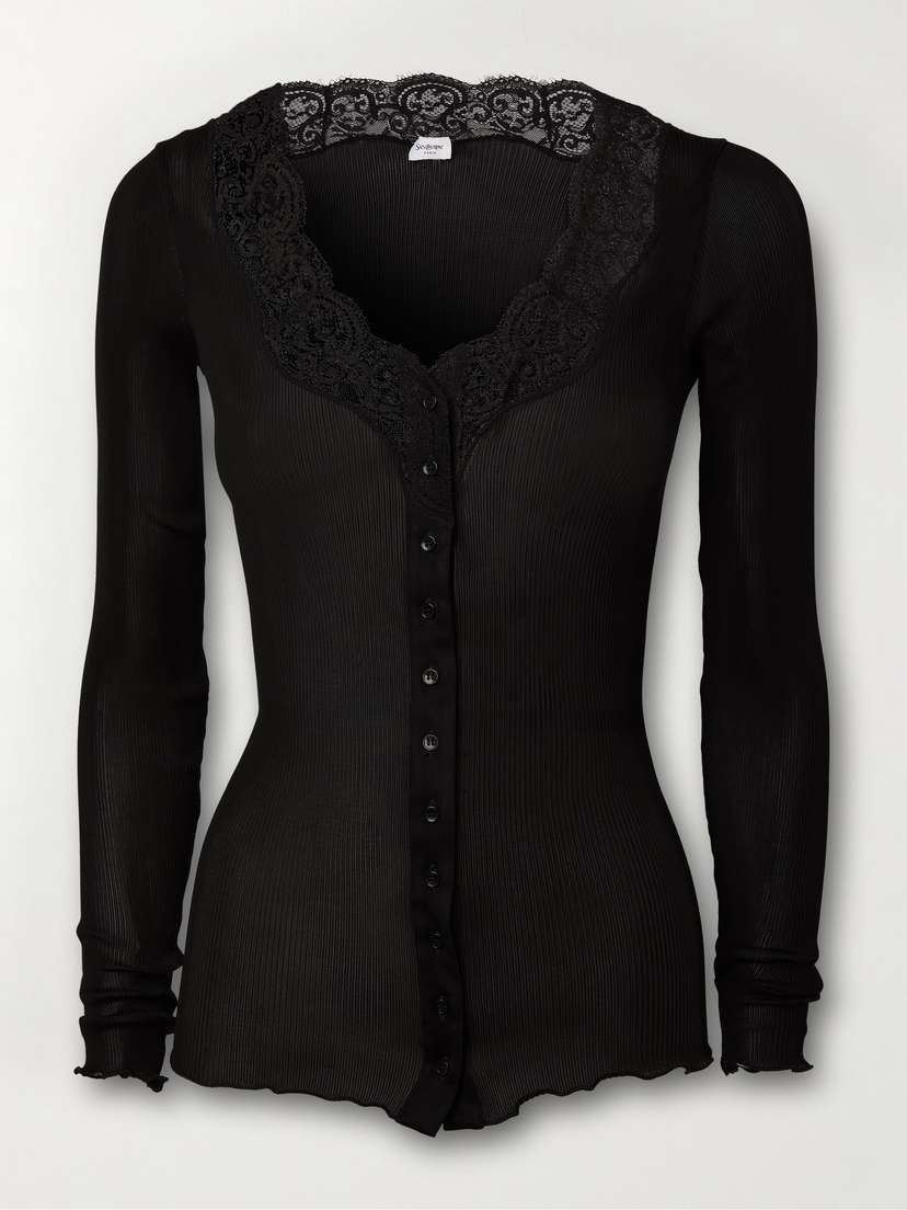 Saint Laurent Lace-trimmed Ribbed Silk-jersey Cardigan