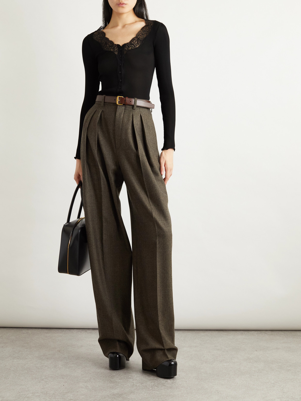 Saint Laurent Lace-trimmed Ribbed Silk-jersey Cardigan In Black