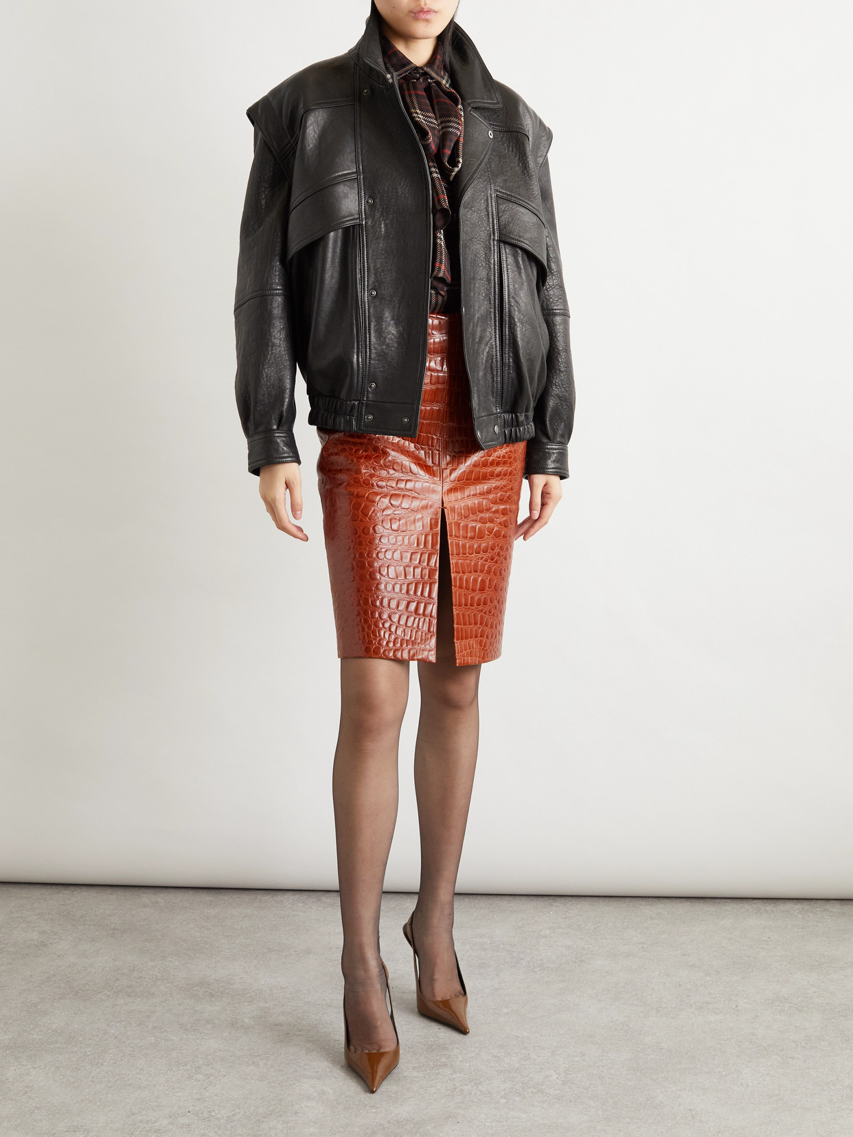 Saint Laurent Croc-effect Leather Skirt In Red