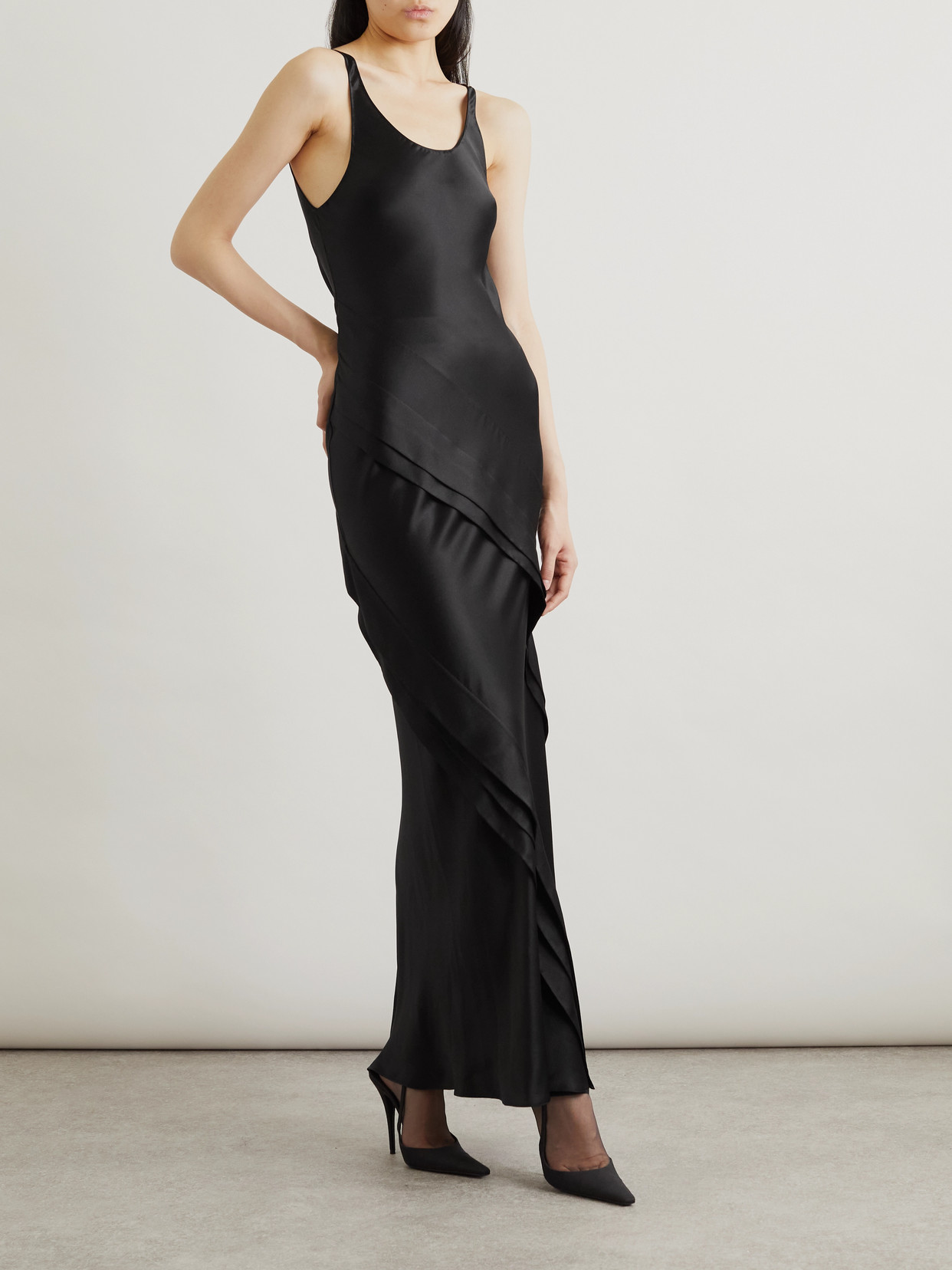 Saint Laurent Asymmetric Tiered Silk-satin Maxi Dress