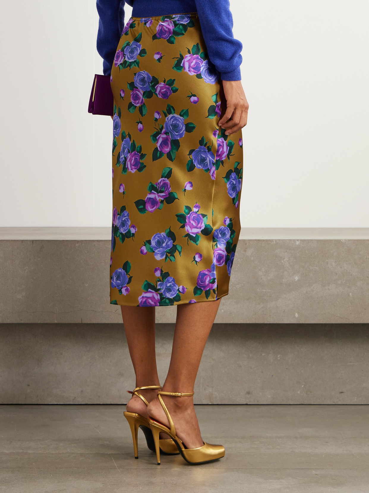 Saint Laurent Floral-print Silk-satin Midi Skirt In Brown