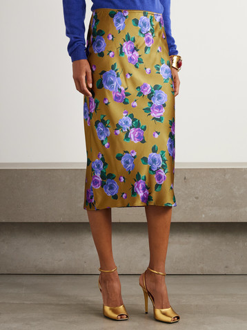 Saint Laurent Floral-print silk-satin midi skirt