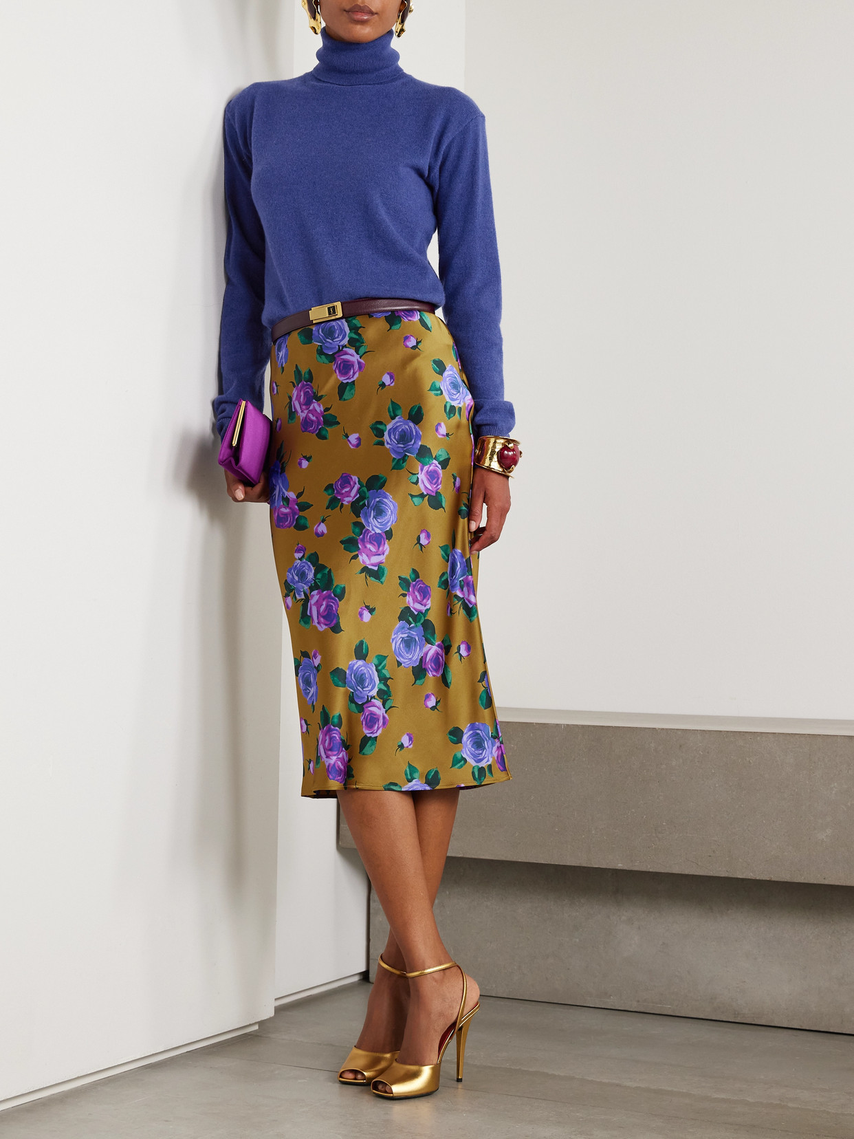 Saint Laurent Floral-print Silk-satin Midi Skirt In Brown