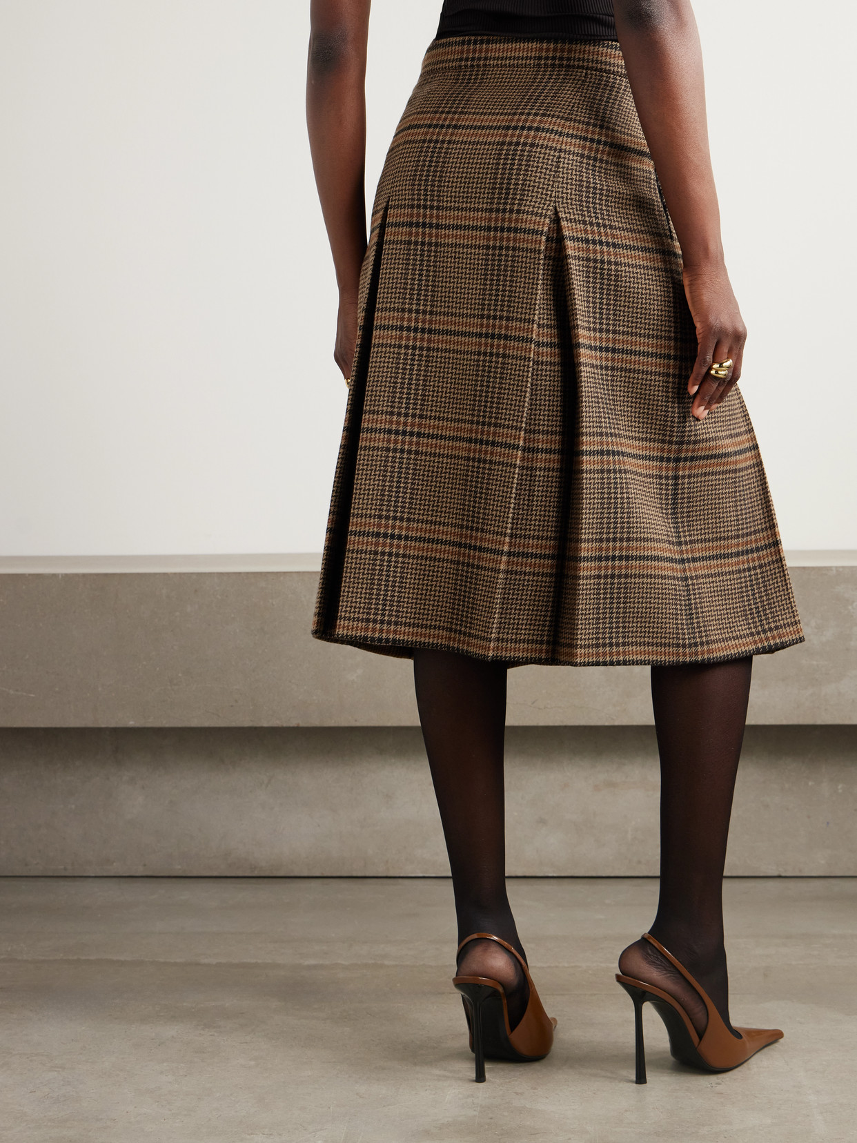 Saint Laurent Prince Of Wales Checked Wool Midi Skirt In Brown