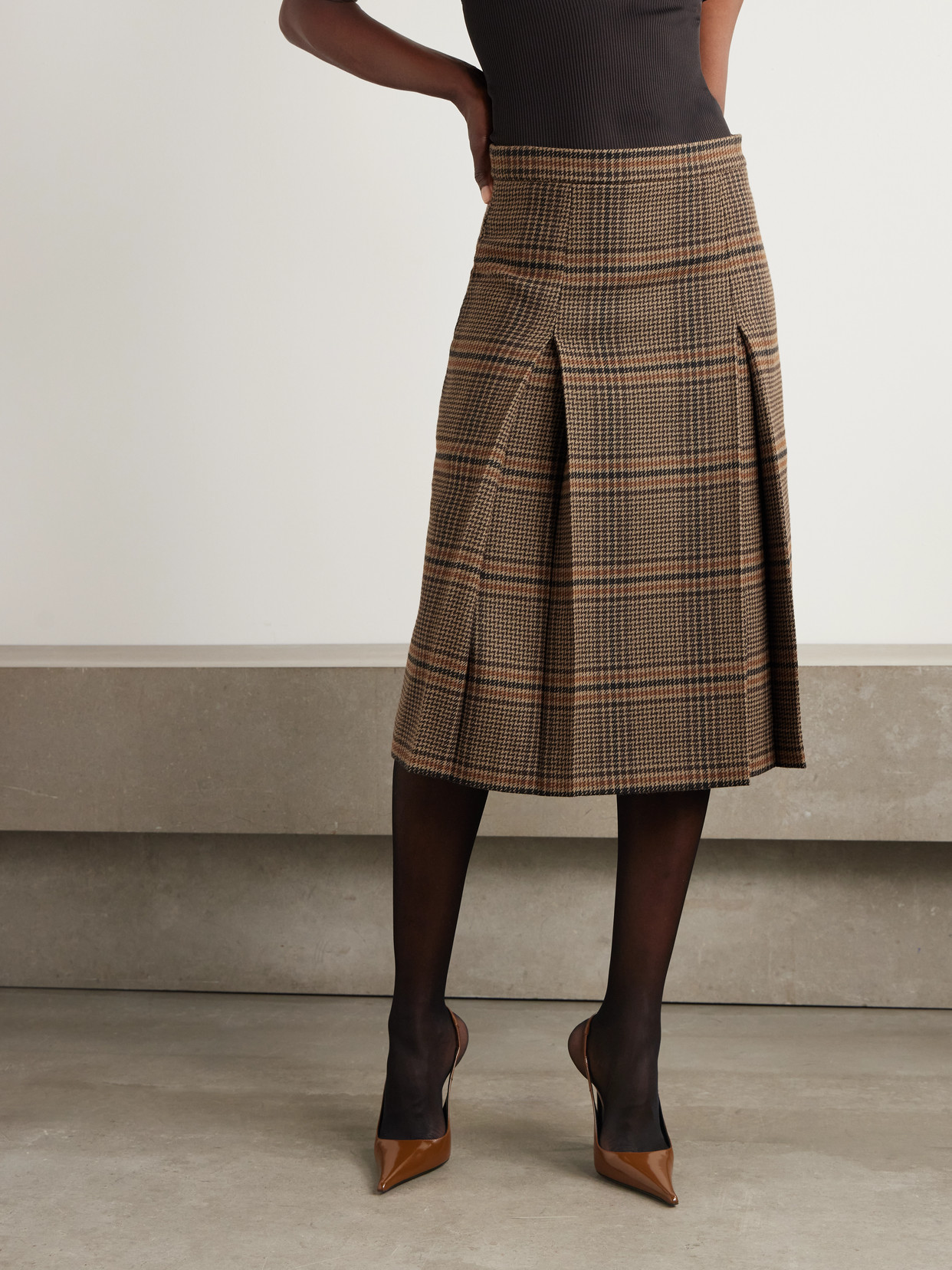 Saint Laurent Prince Of Wales Checked Wool Midi Skirt In Brown