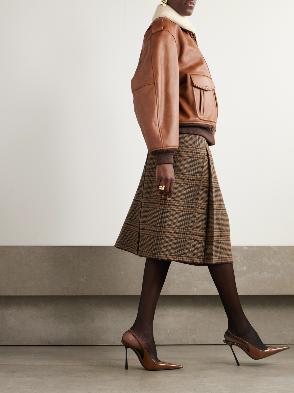 Saint Laurent Prince Of Wales Checked Wool Midi Skirt In Brown