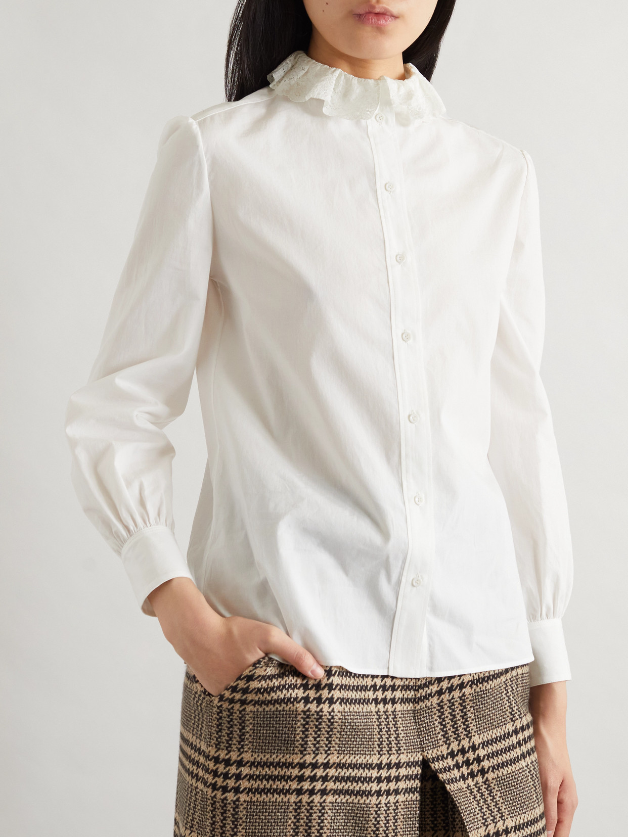 Saint Laurent Lace-trimmed Cotton-poplin Shirt In White