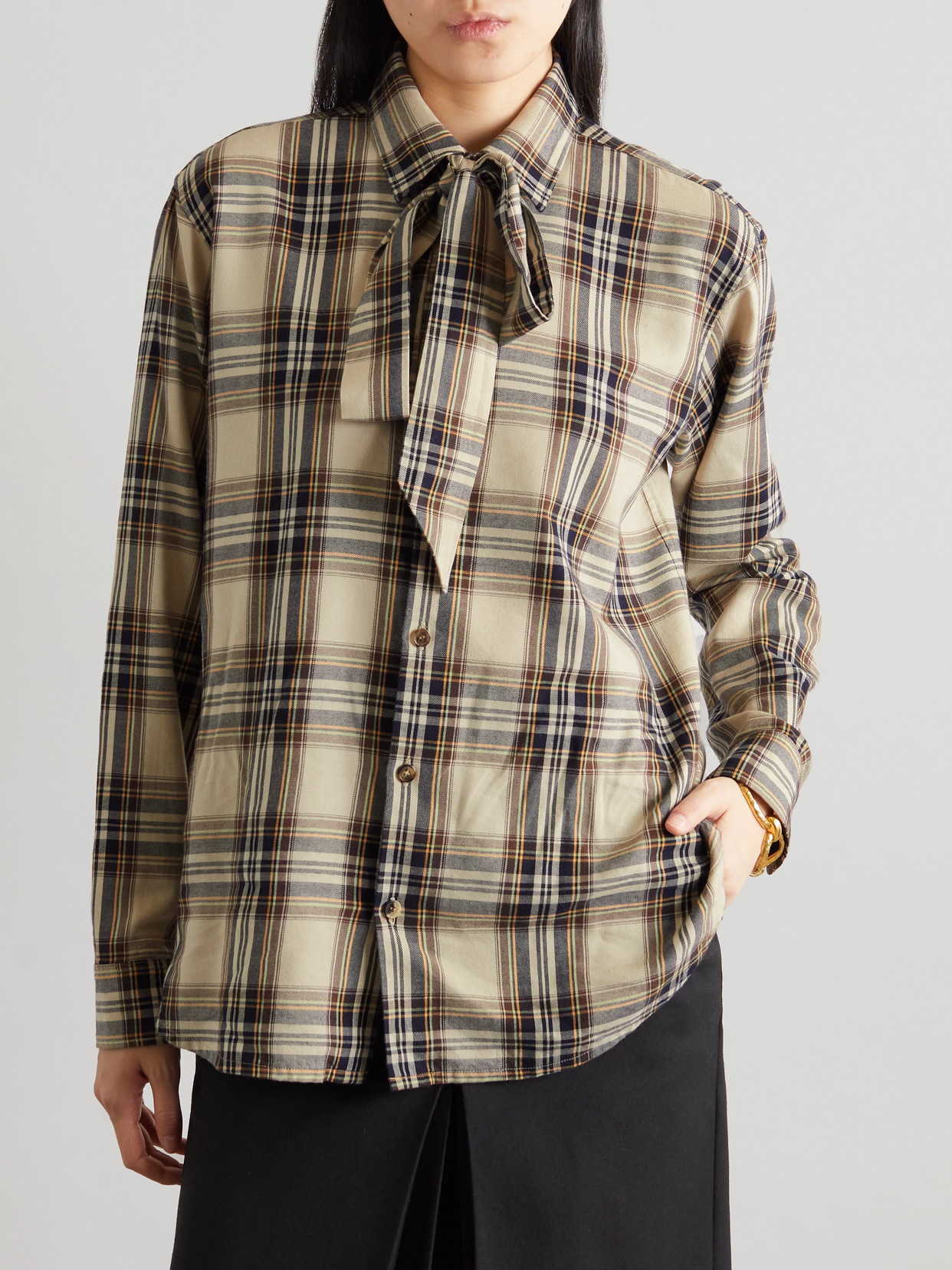 Saint Laurent Pussy-bow Checked Cotton-blend Shirt In Multi