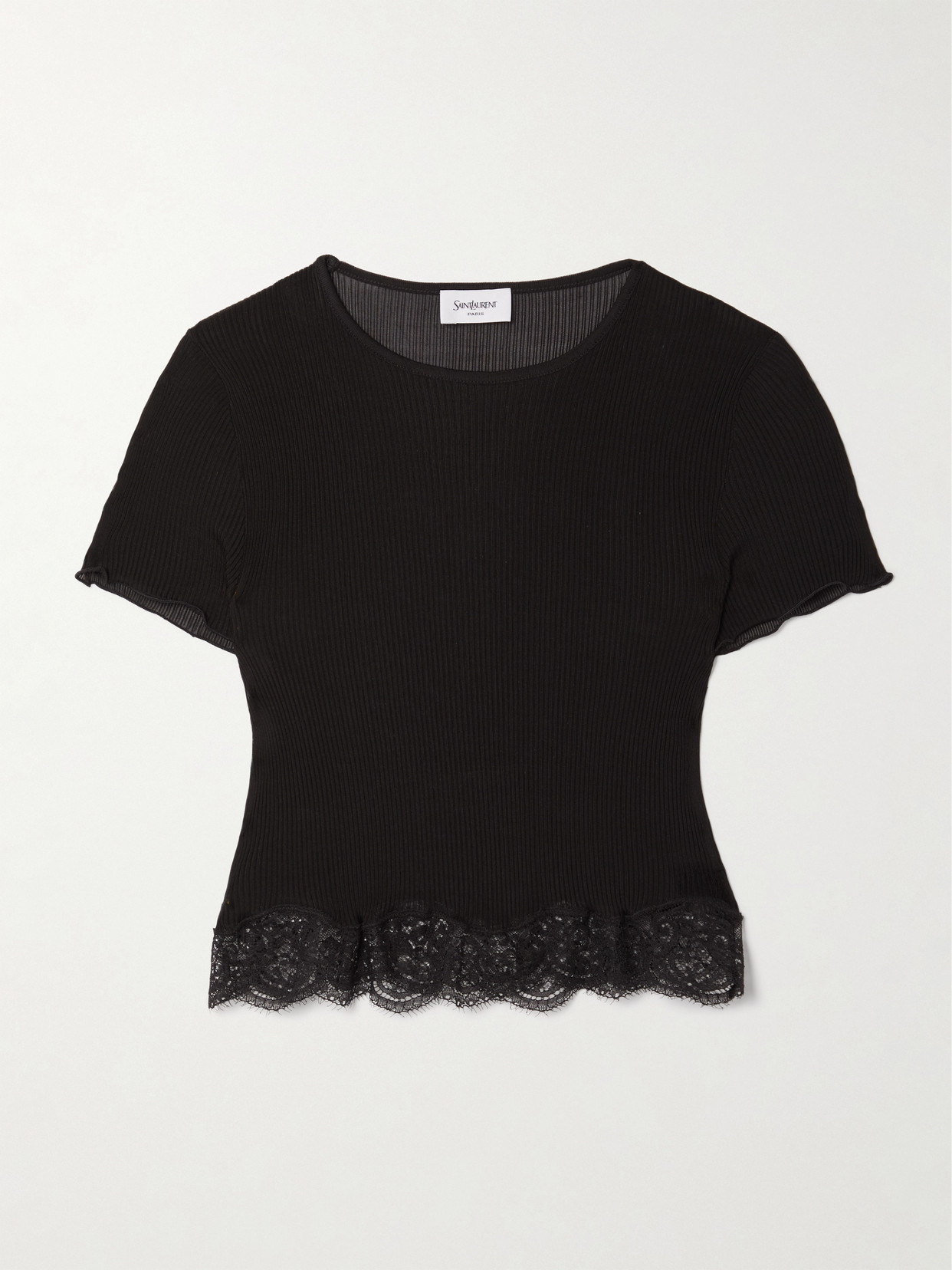 Saint Laurent Cropped Lace-trimmed Ribbed Silk Top In Brown