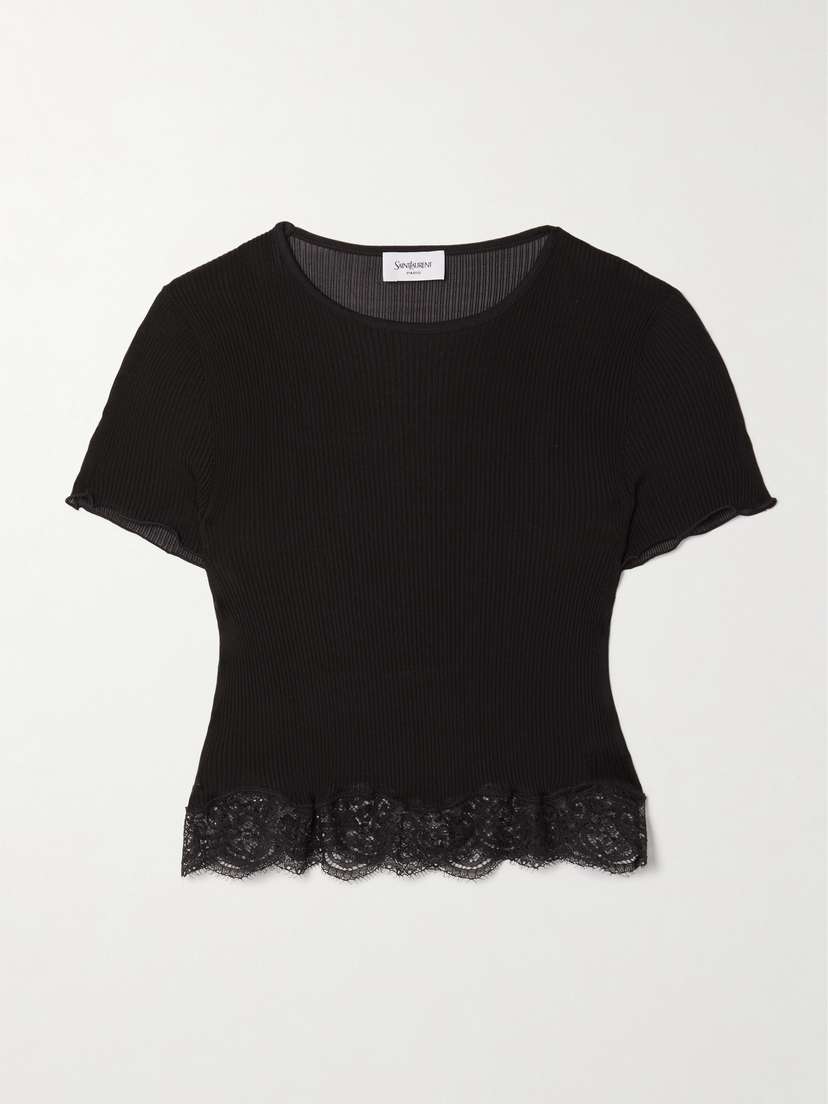 Saint Laurent Cropped Lace-trimmed Ribbed Silk Top