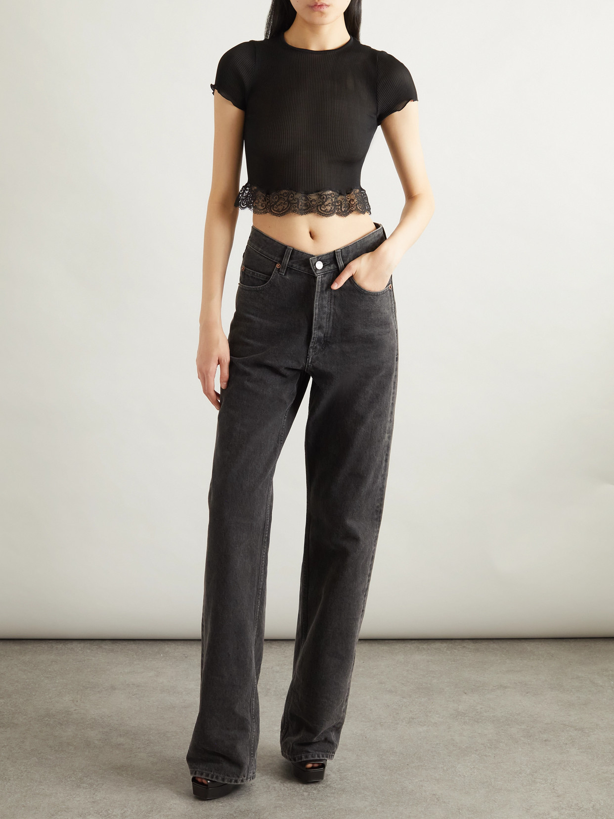 Saint Laurent Cropped Lace-trimmed Ribbed Silk Top In Brown