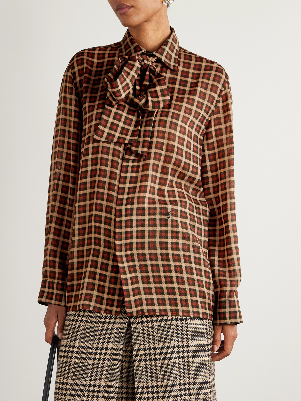 Saint Laurent Long-sleeve Wool Tie-neck Shirt In Brown