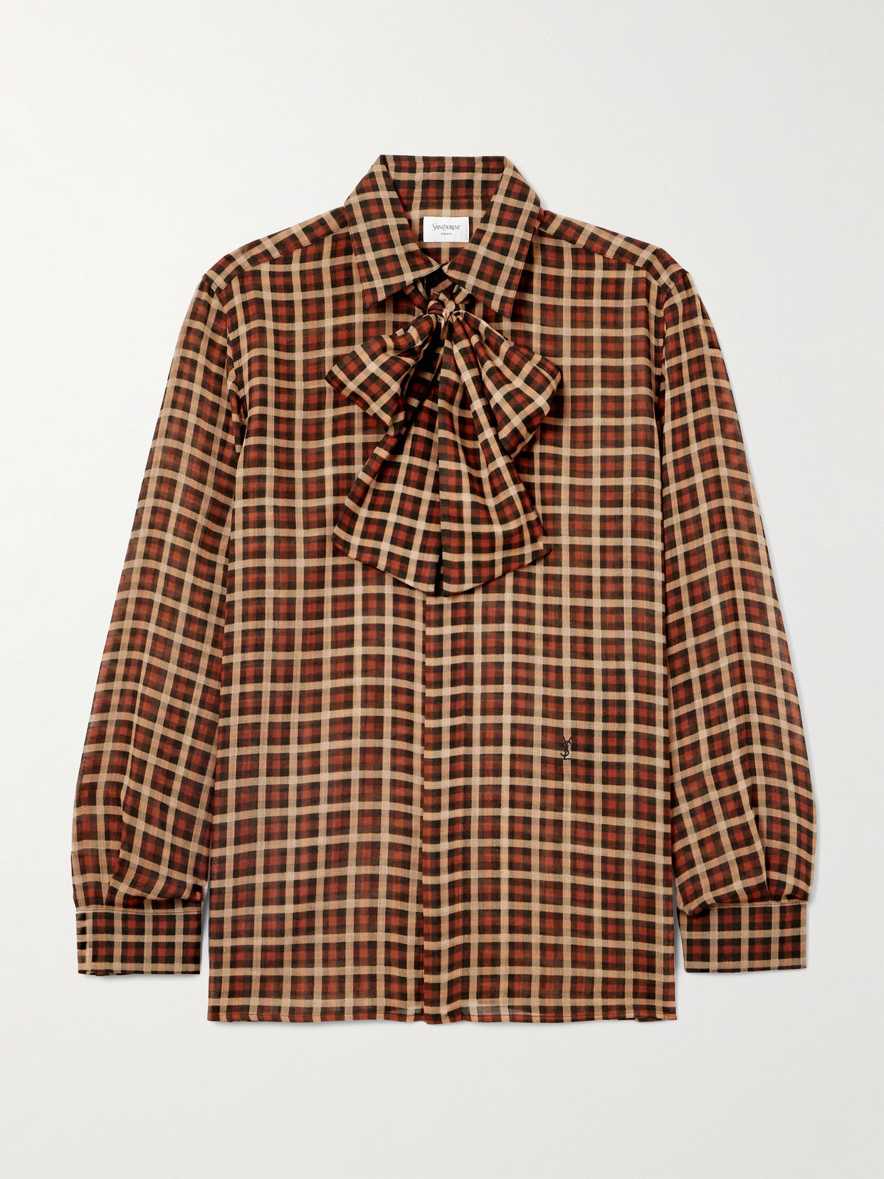 Saint Laurent Long-sleeve Wool Tie-neck Shirt In Brown