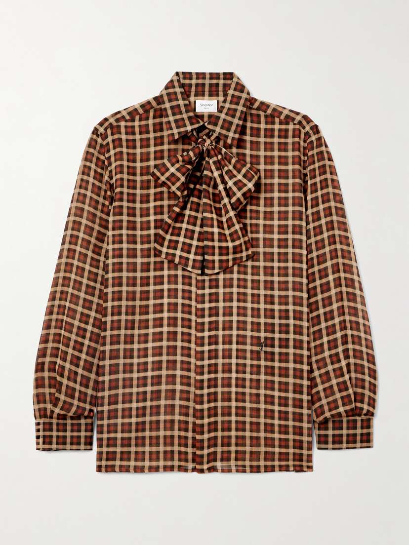 Saint Laurent Pussy-bow Checked Wool Shirt