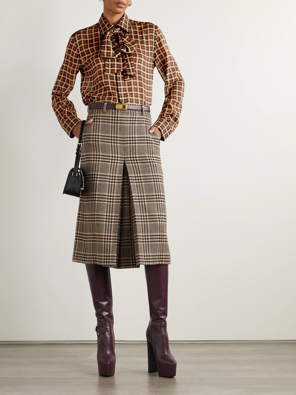 Saint Laurent Long-sleeve Wool Tie-neck Shirt In Brown