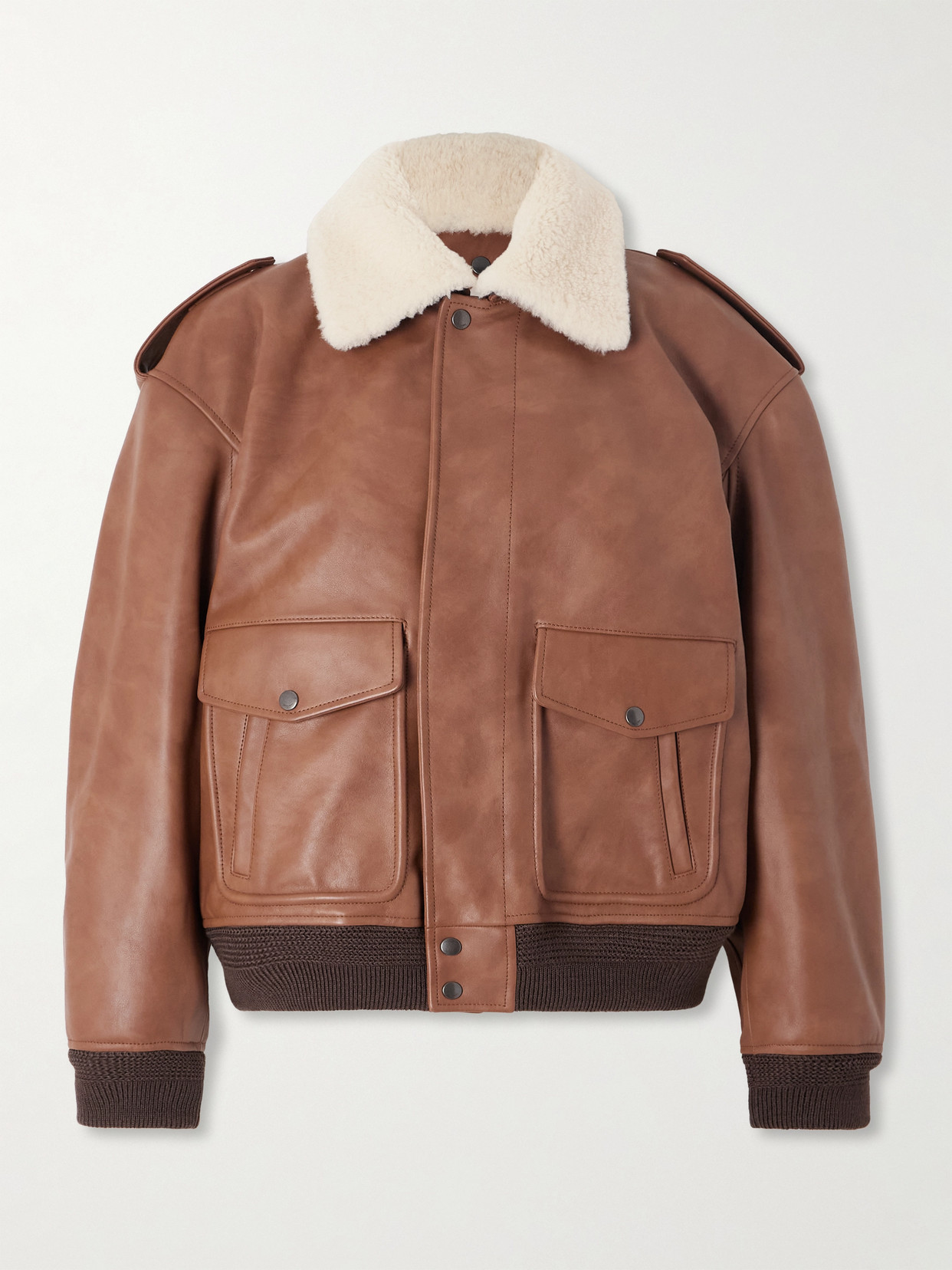 Saint Laurent Shearling-trimmed Leather Jacket In Brown