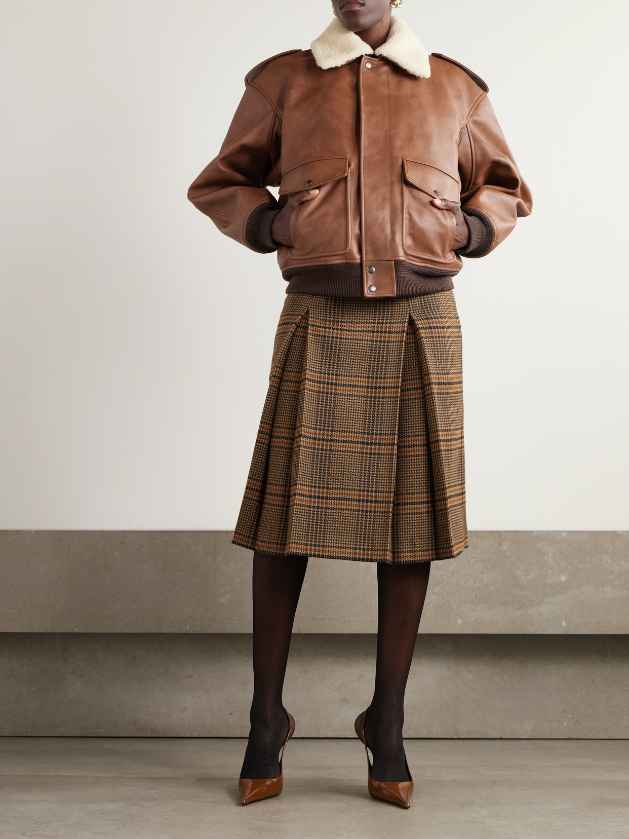 Saint Laurent Shearling-trimmed Leather Jacket In Brown