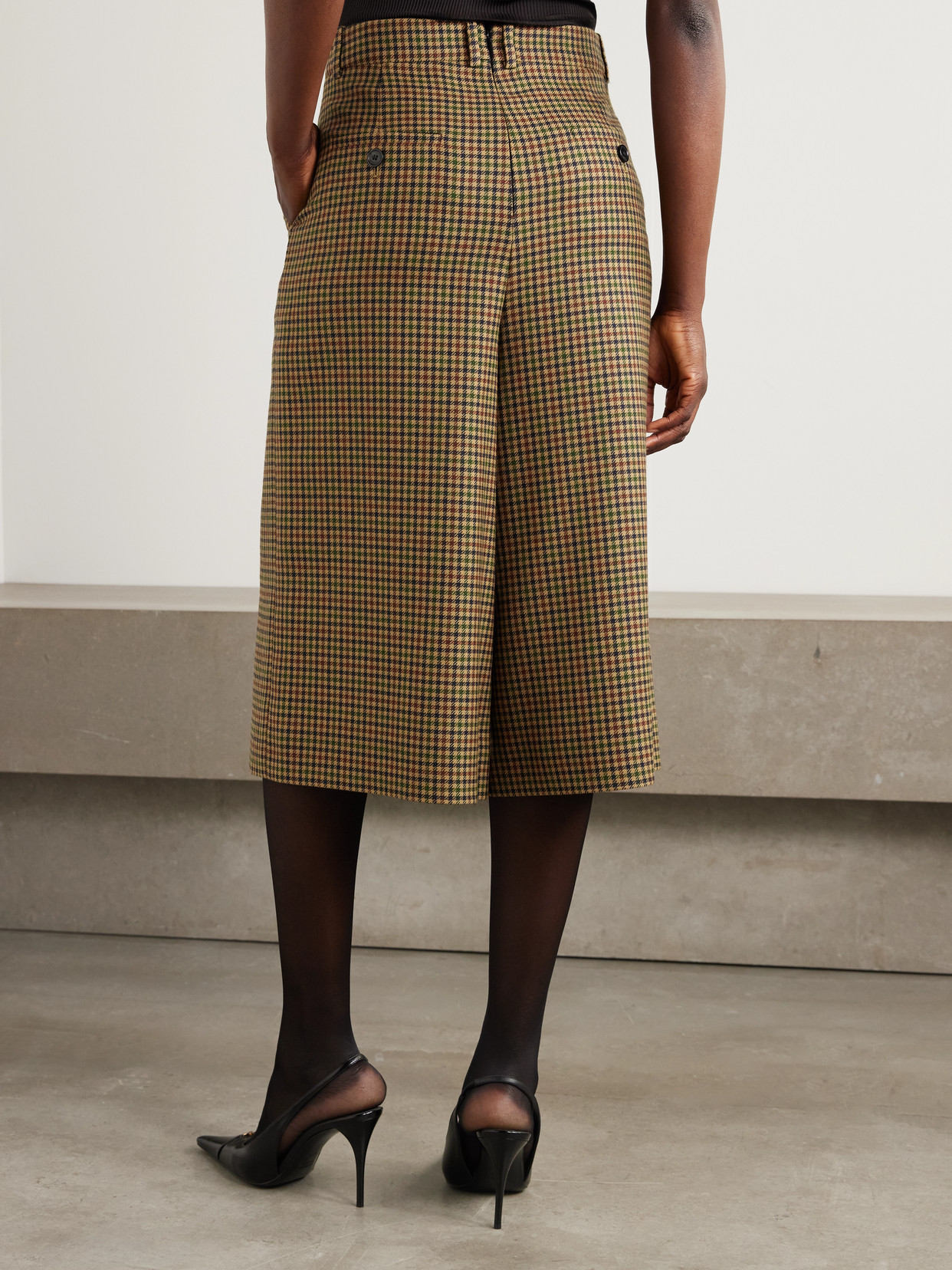 Saint Laurent Checked Wool Wide-leg Culottes In Brown