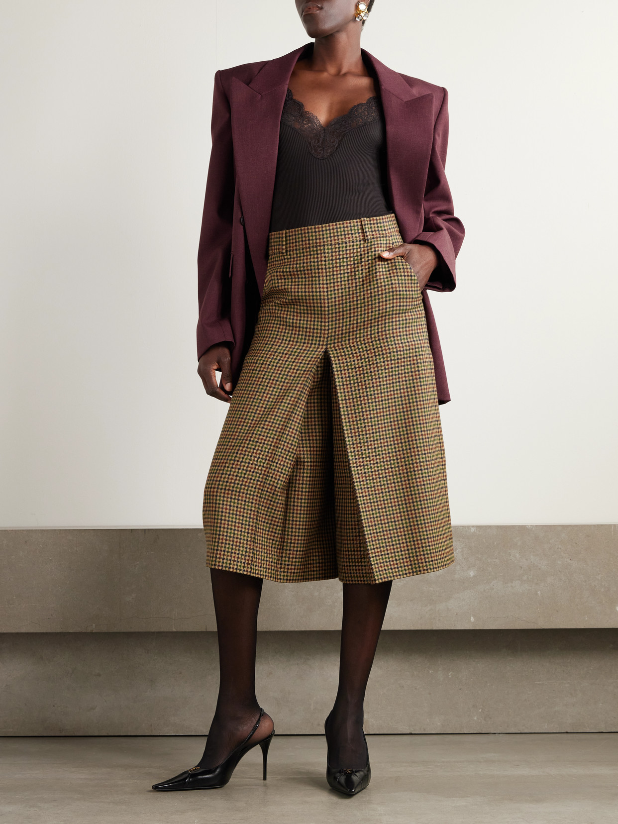 Saint Laurent Checked Wool Wide-leg Culottes In Brown