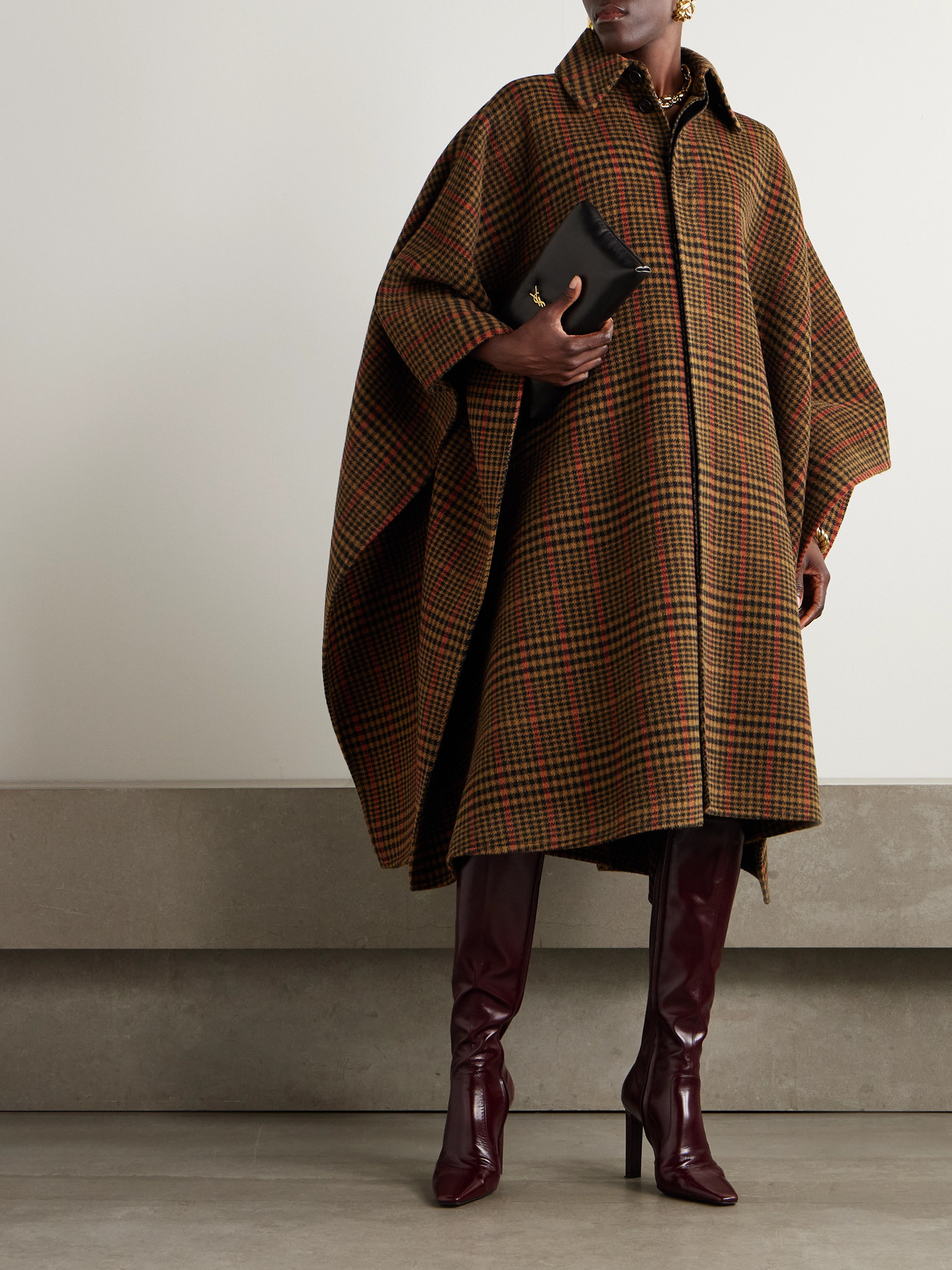 Saint Laurent Plaid Cape In Brushed Wool And Llama In Brown