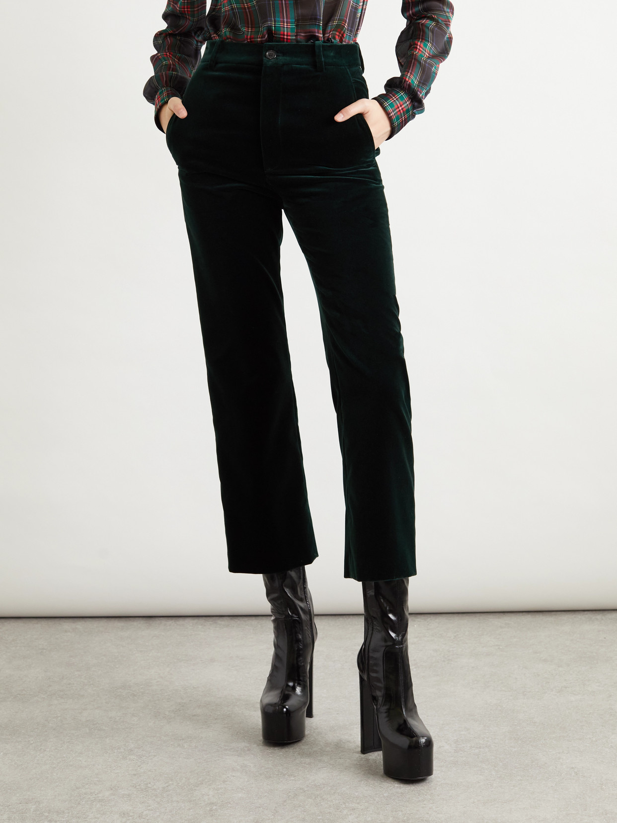 Saint Laurent Cropped Cotton-velvet Slim-leg Pants In Black